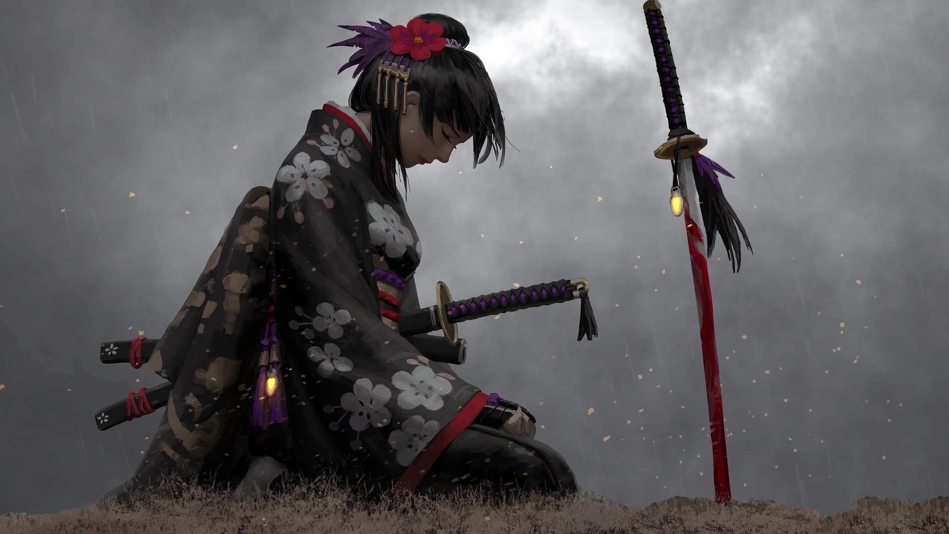 1920x1080 Samurai Girl Kneeling In Rain Live Wallpaper