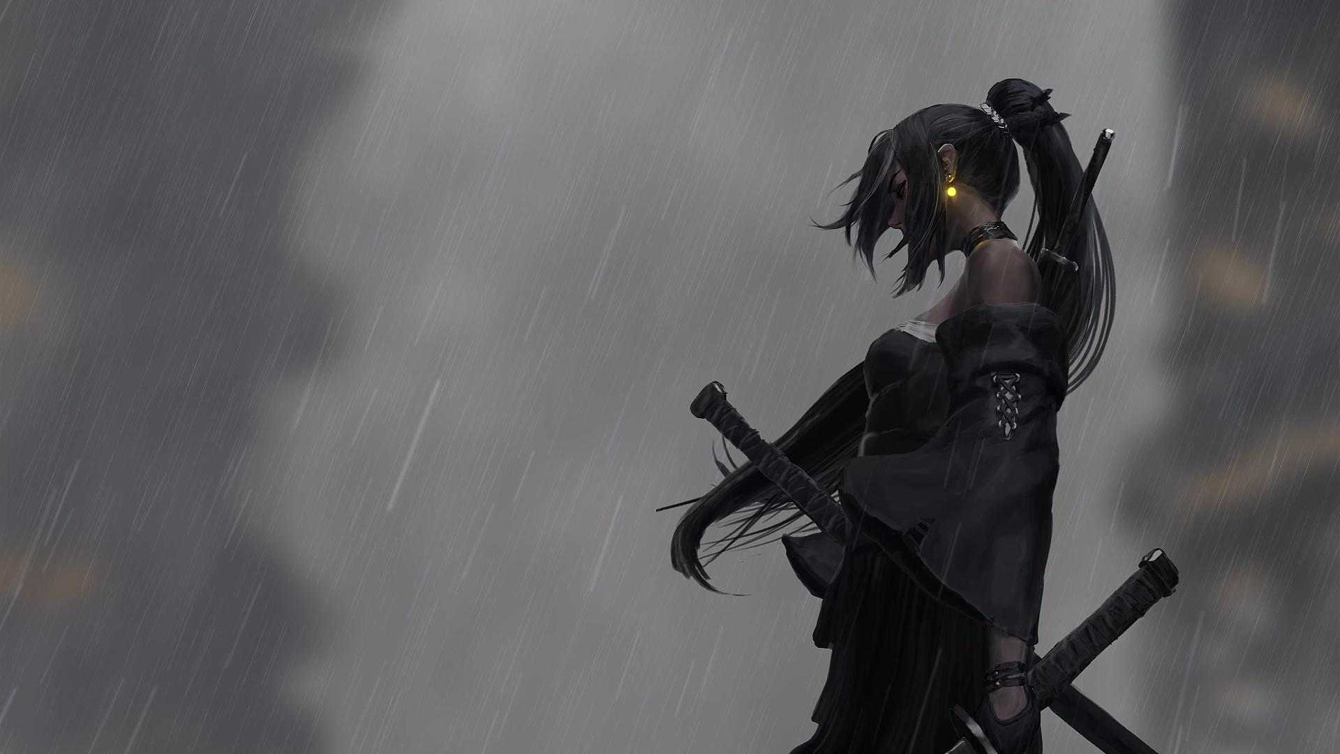 1920x1080 Samurai Girl In The Rain Live Wallpaper
