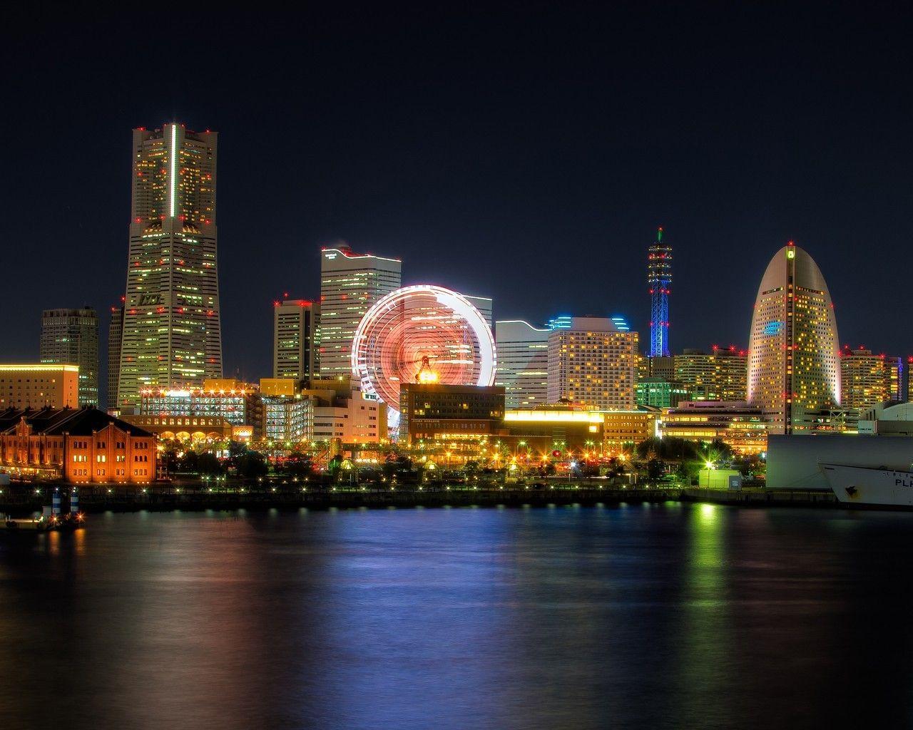 1280x1024 Japan tokyo cityscapes yokohama bay city night wallpaper