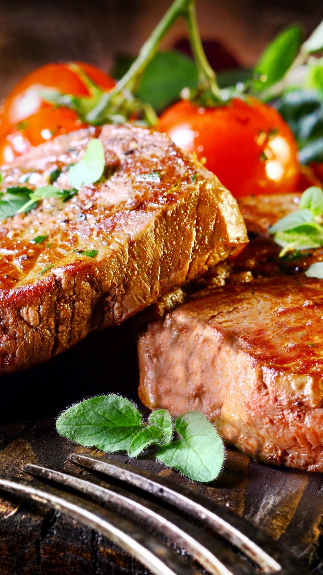 1080x1920 Wallpaper beef, steak, food, cooking, grill, vegetables, meal, meat, tomato leaves ., Food
