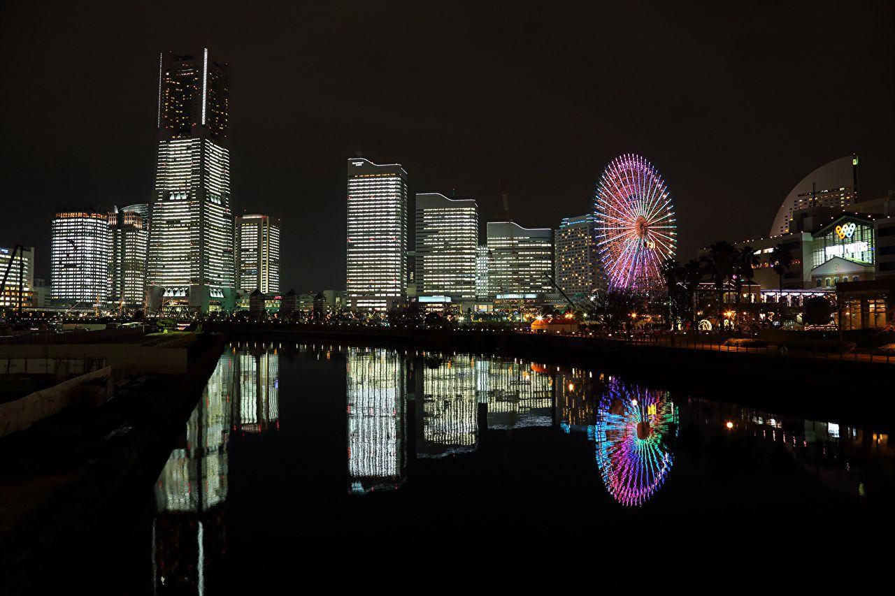 1280x853 Wallpaper Japan Yokohama Ferris wheel Rivers night time Skyscrapers