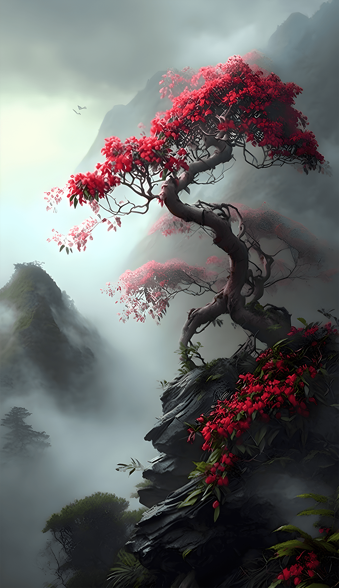1080x1872 ravine, mountains, Fog Hill of Five Elements, trees, flowers, red flowers, AI artx1872 Wallpaper