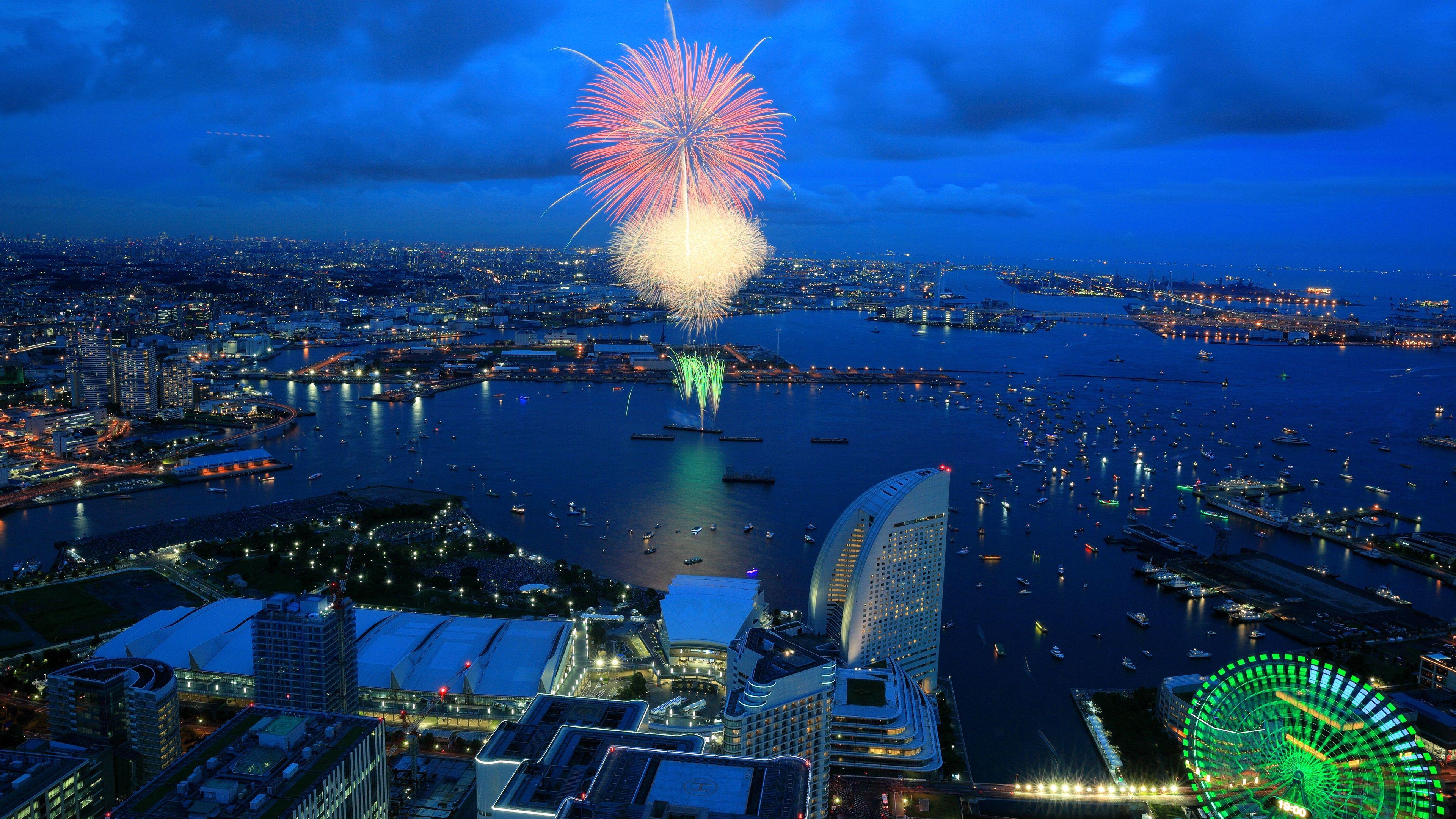 3840x2160 City night, fireworks, houses, lights, bay, Yokohama, Japan