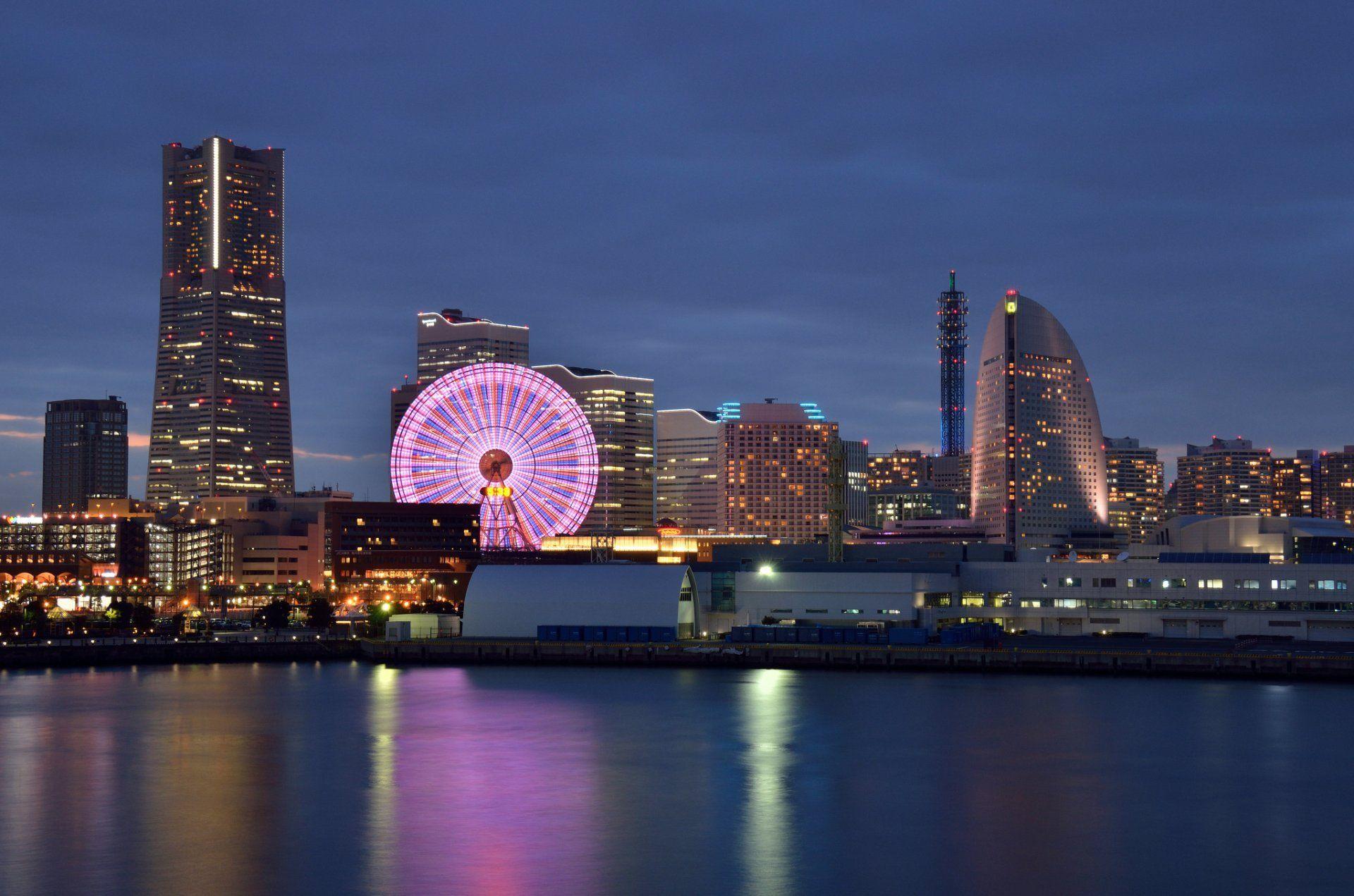1920x1271 japan yokohama metropolis buildings house ferris wheel night blue