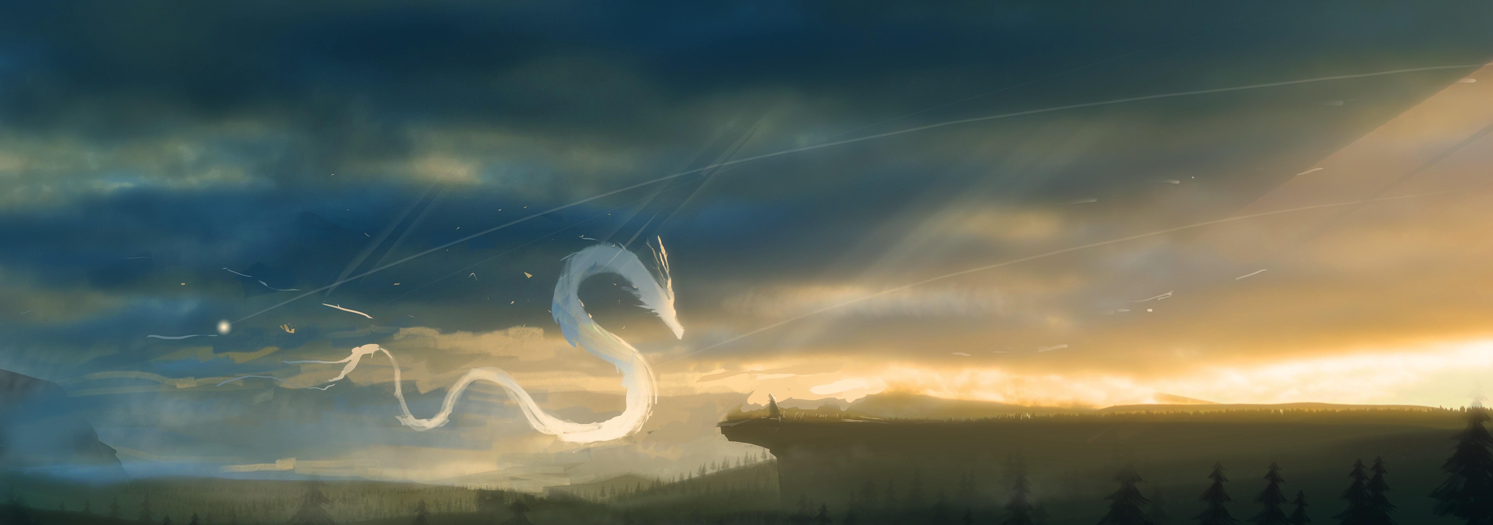 6000x2111 Fantasy Art Of A Dragon In The Sky HD Wallpaper