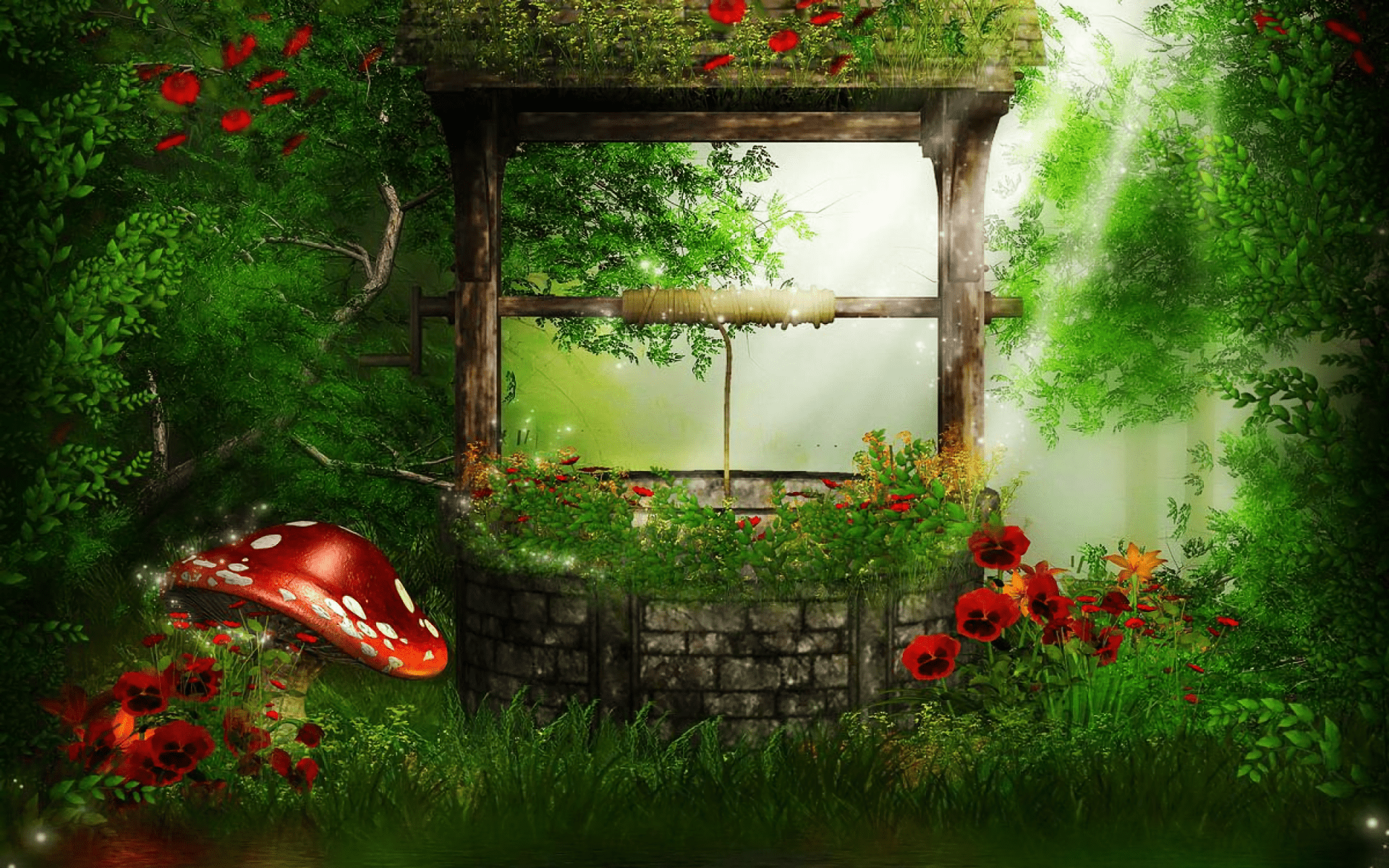 1920x1200 Download Mushroom Flower Magical Forest Artistic Fantasy Well HD Wallpaper