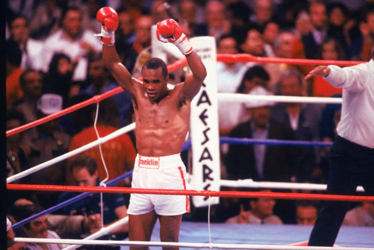 1300x869 Download Ray Leonard Cheering And Raising His Fists Wallpaper