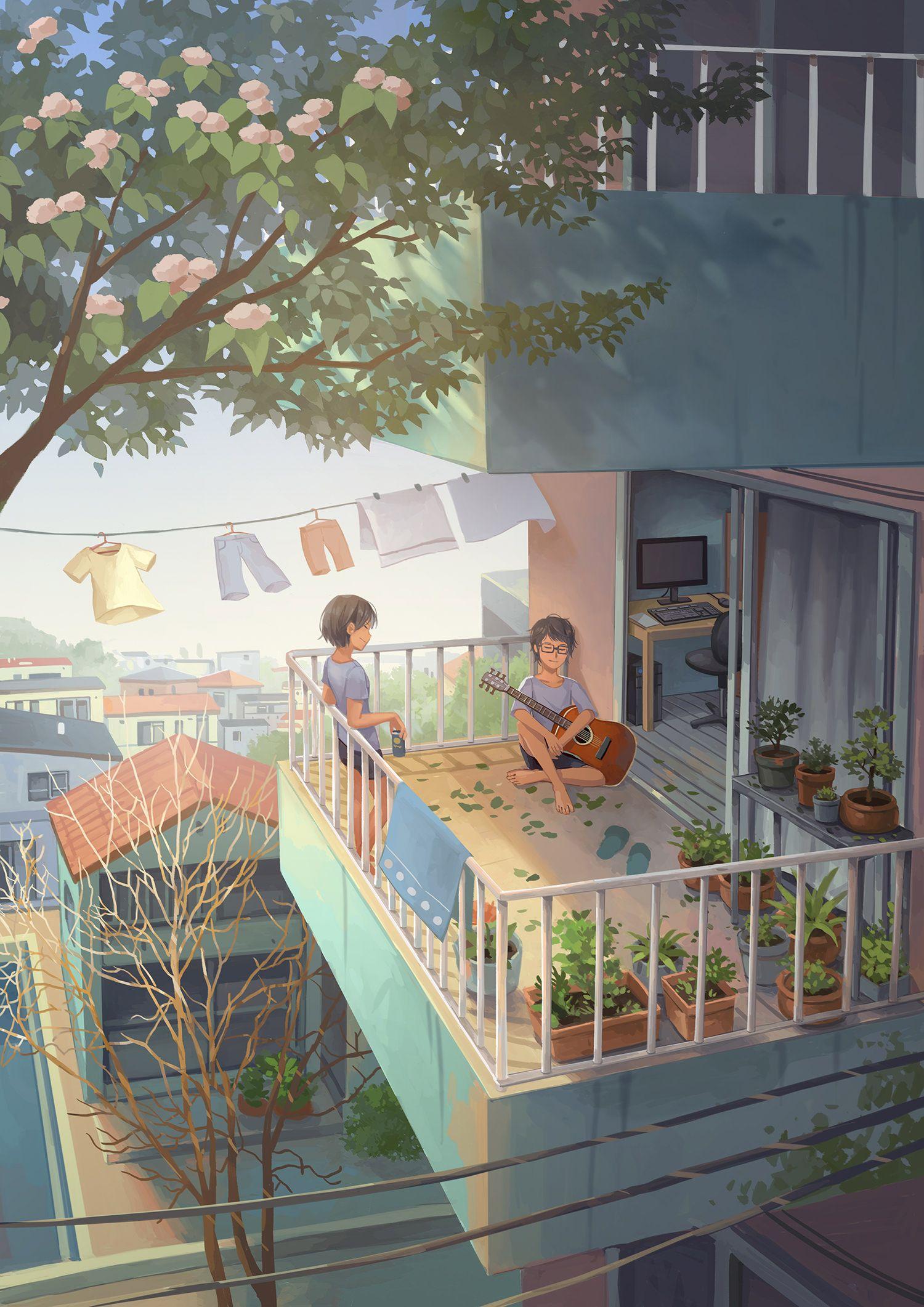HD wallpaper: Anime, Original, Balcony, Building, Girl, Latern, Short Hair  | Wallpaper Flare