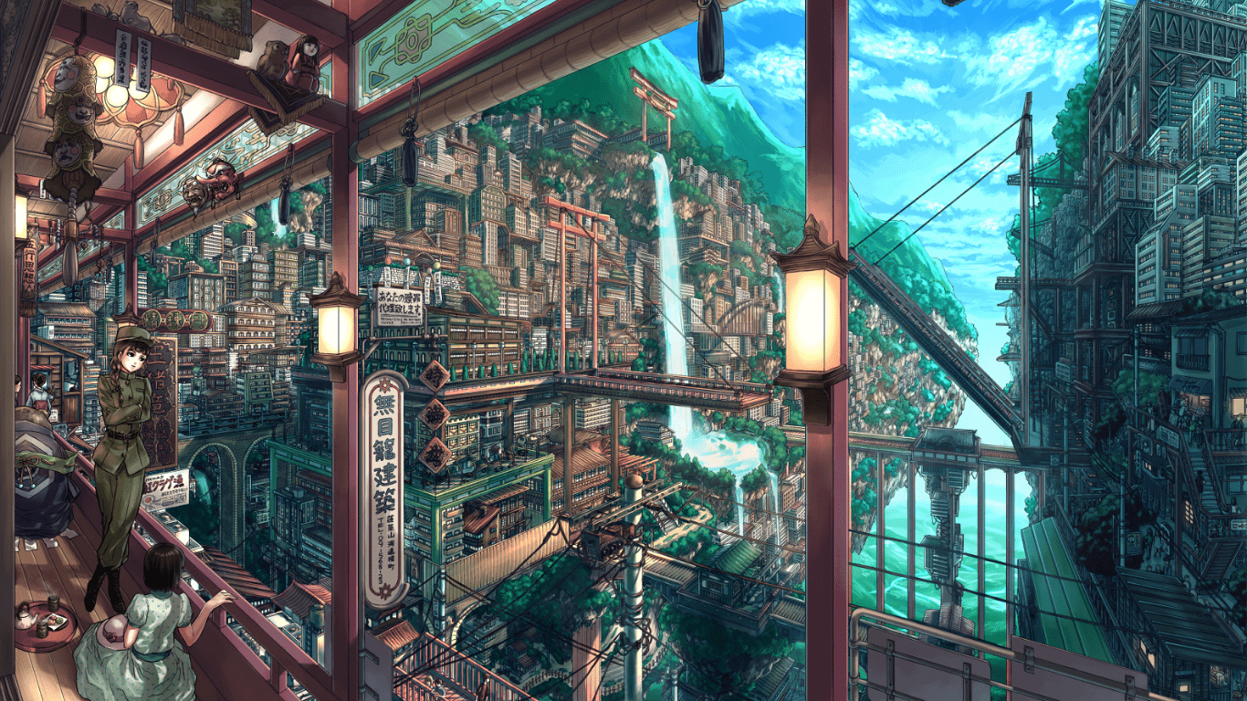 1366x768 cityscape, anime, waterfall, balcony, anime girls Gallery HD Wallpaper