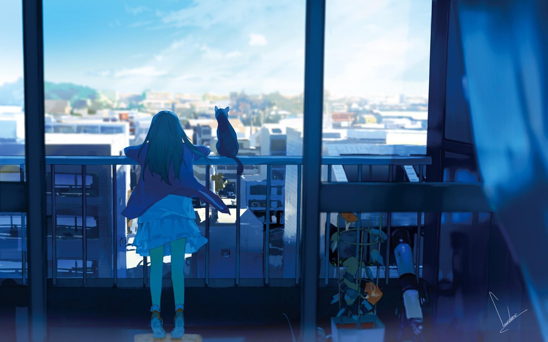 1920x1200 cat, balcony, window, city, anime girls, sky, original characters, anime Gallery HD Wallpaper