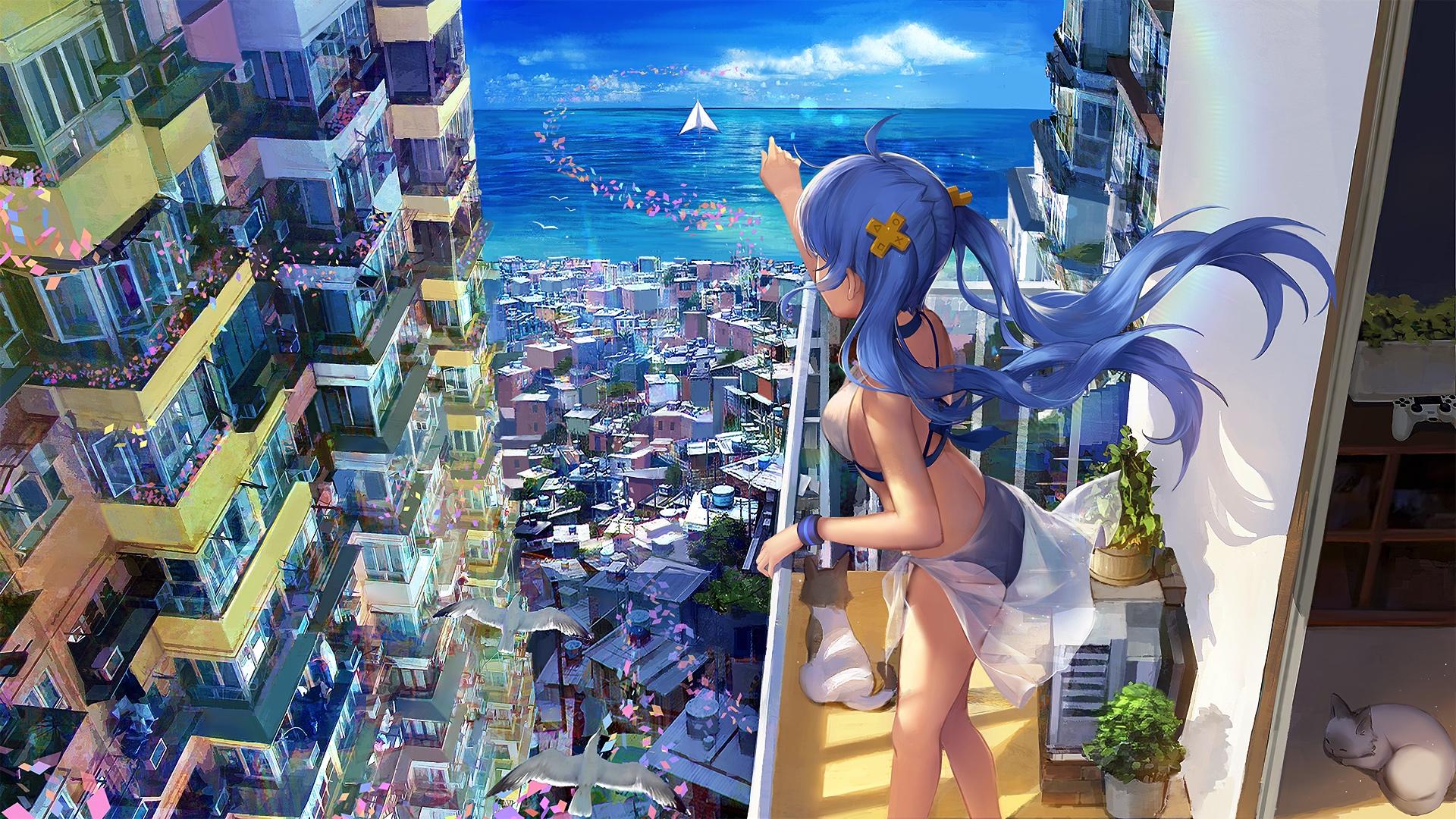 1920x1080 Desktop Wallpaper Blue Hair Anime Girl, Cityscape, Bikini, Balcony, HD Image, Picture, Background, A0f3Dd