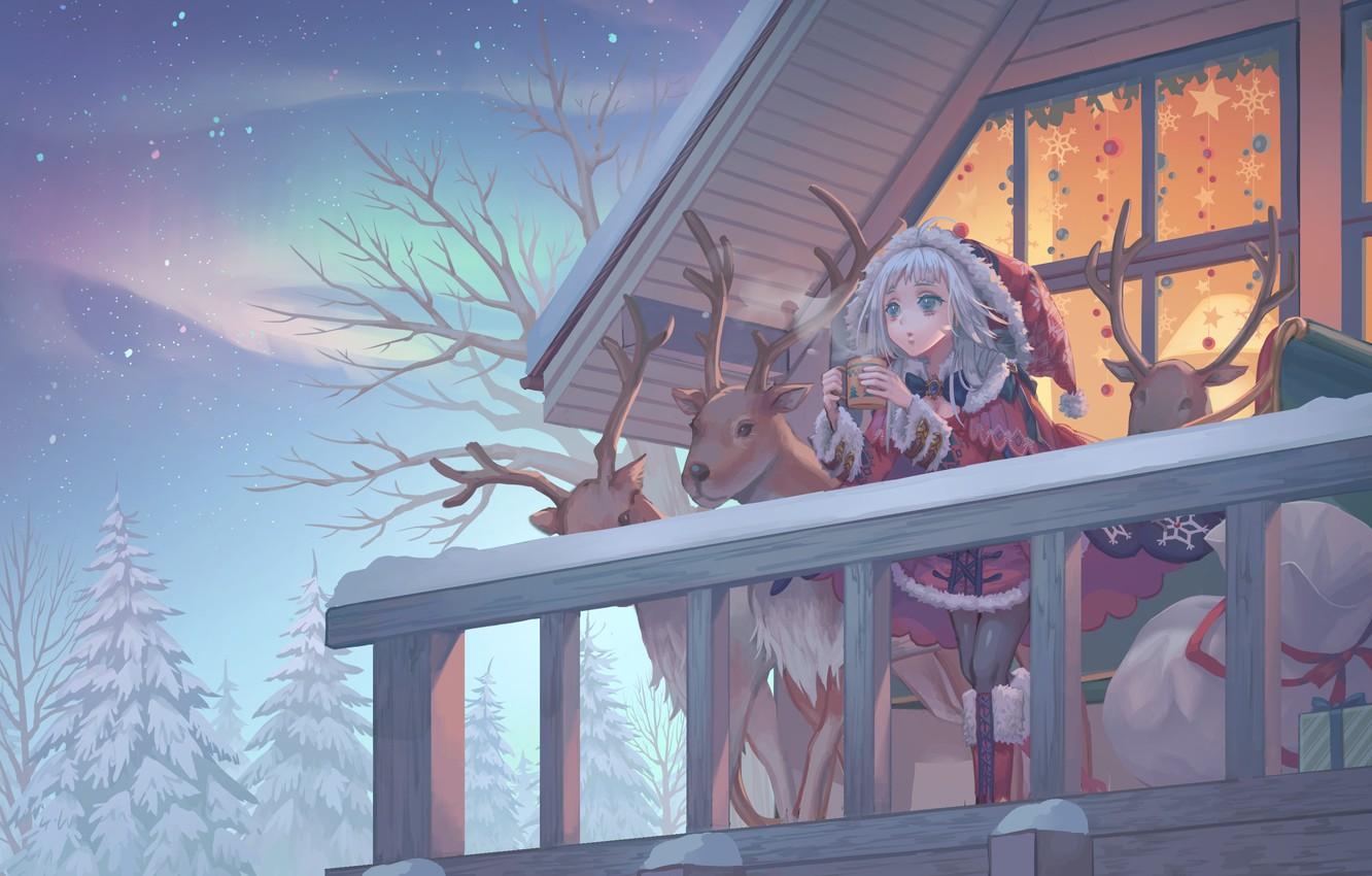 1332x850 Wallpaper house, new year, Christmas, balcony, deer image for desktop, section арт