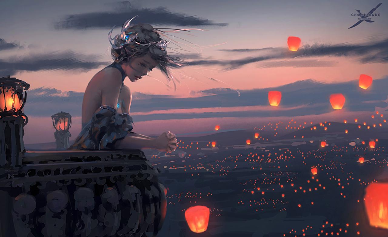 1280x783 Photos Lantern Fanart wlop Balcony Anime Girls