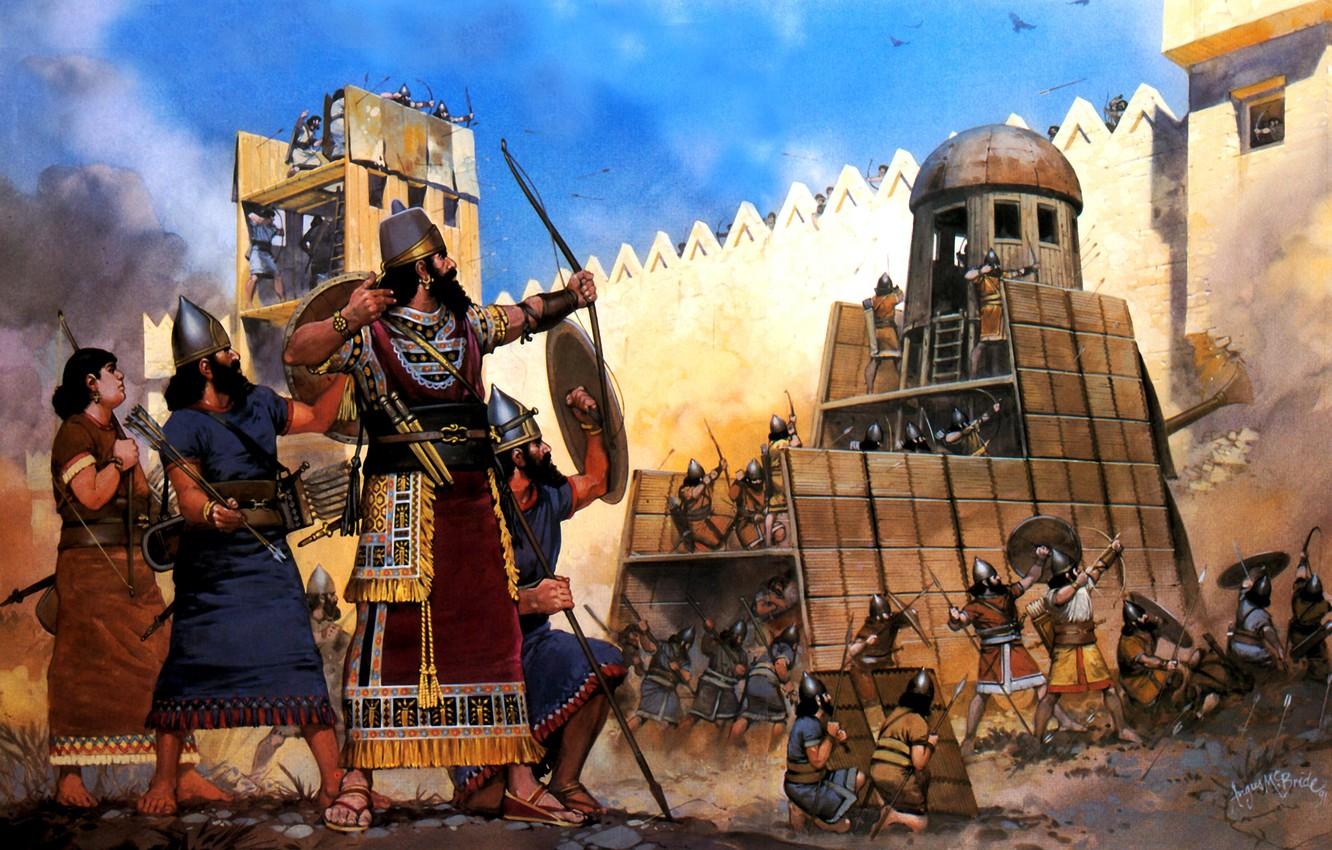 1332x850 Wallpaper figure, art, fortress, Taran, storm, siege, archers, spearmen, the Assyrians, the shield, XIII century BC, movable turret image for desktop, section оружие