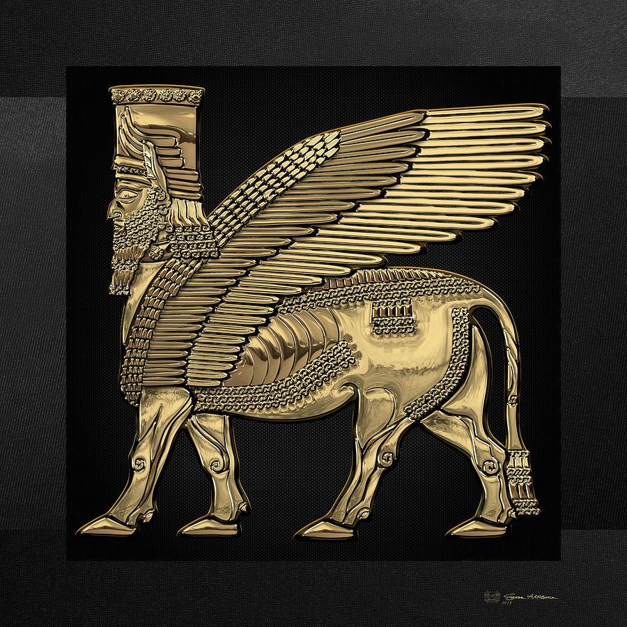 900x900 Assyrian Winged Bull Lamassu over Black Canvas Digital Art