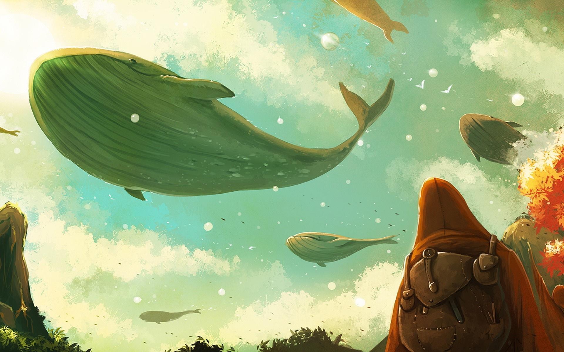 1920x1200 fantasy art, whale, clouds, flying, backpacks, atmosphere, artwork, surreal Gallery HD Wallpaper