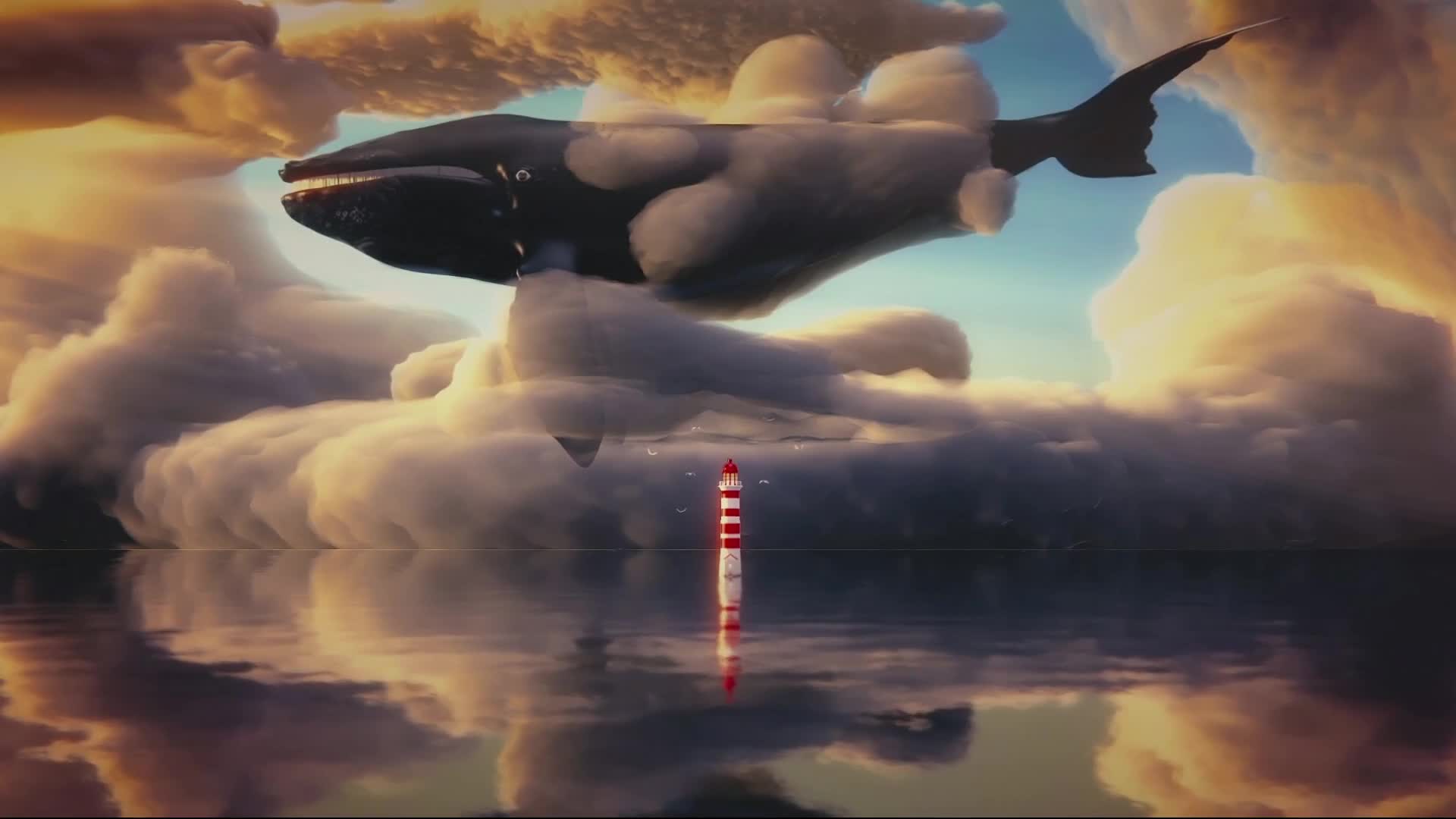 1920x1080 Whale Flying In The Sky Over Lighthouse Desktop Wallpaper