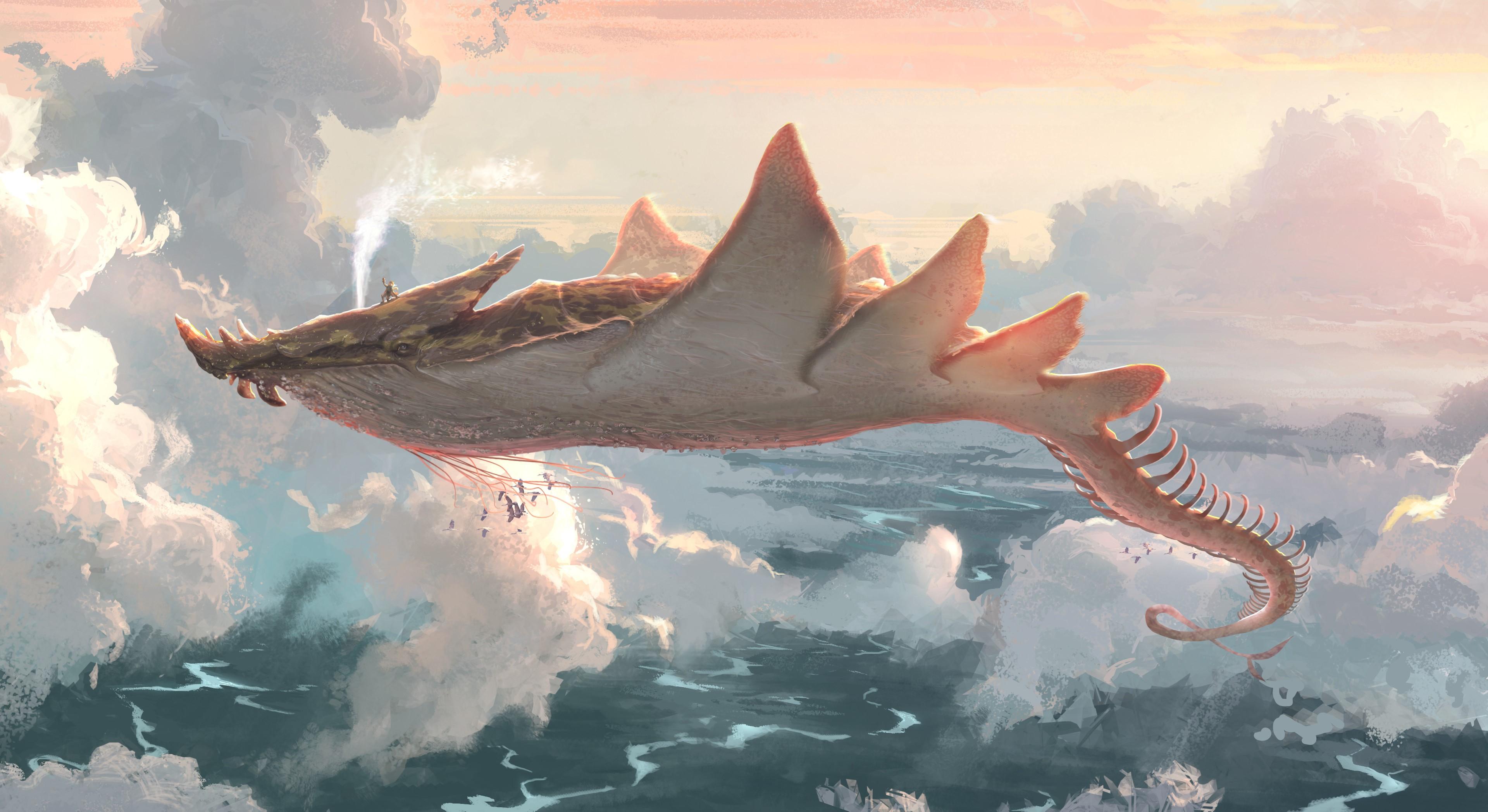 3840x2097 Wallpaper / Jim Moore, digital art, fantasy art, river, clouds, birds, flying, whale free download