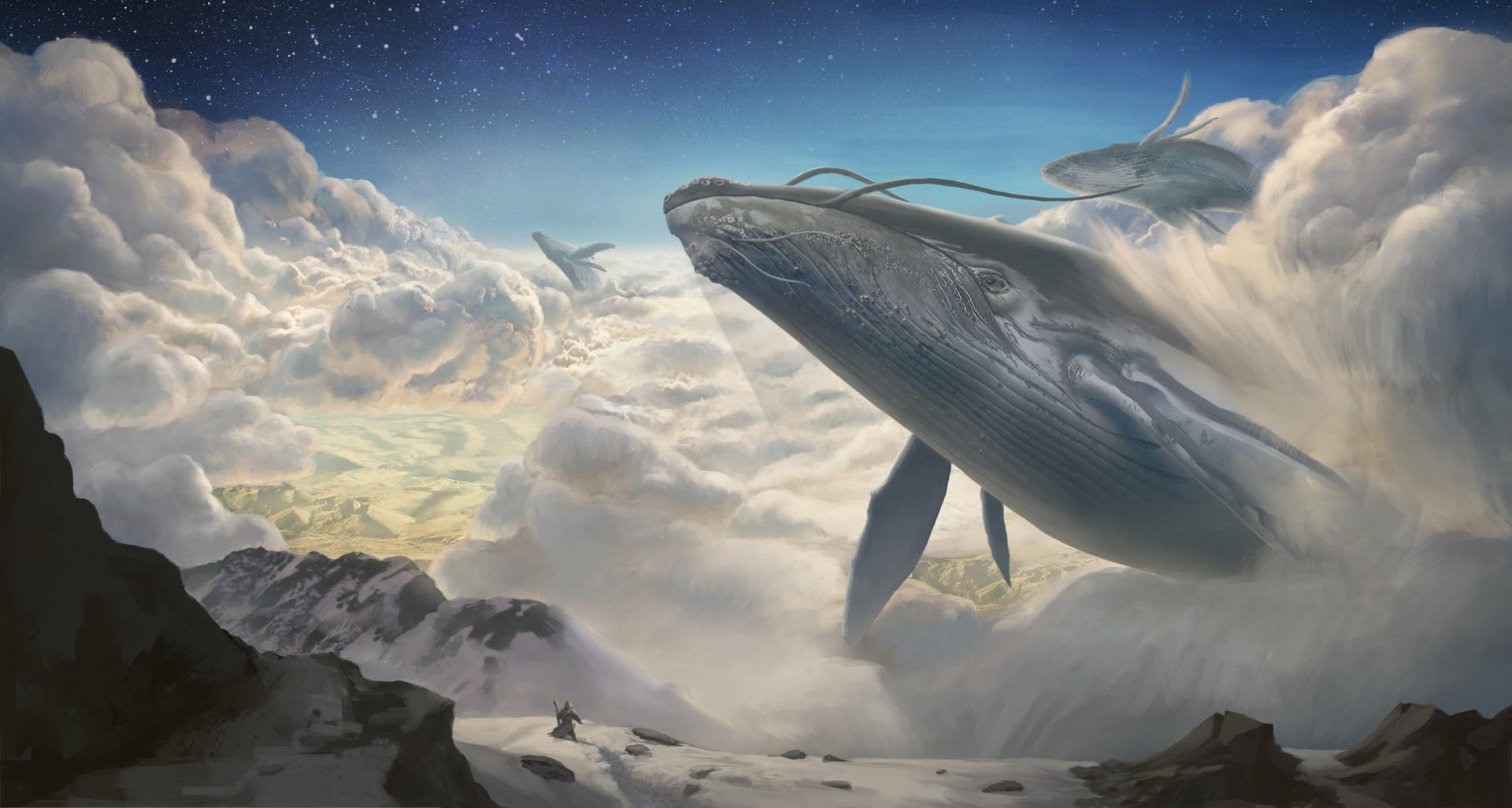 1920x1026 Wallpaper / artwork, fantasy art, whale, clouds, mountains, stars, flying, Gojira free download