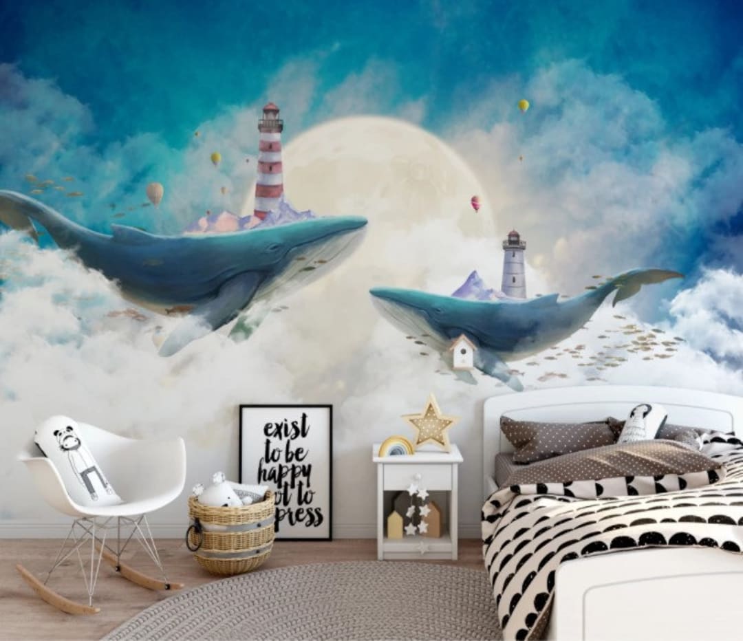 1080x932 Flying Whales on Cloud Nursery Wallpaper Lighthouse and Big