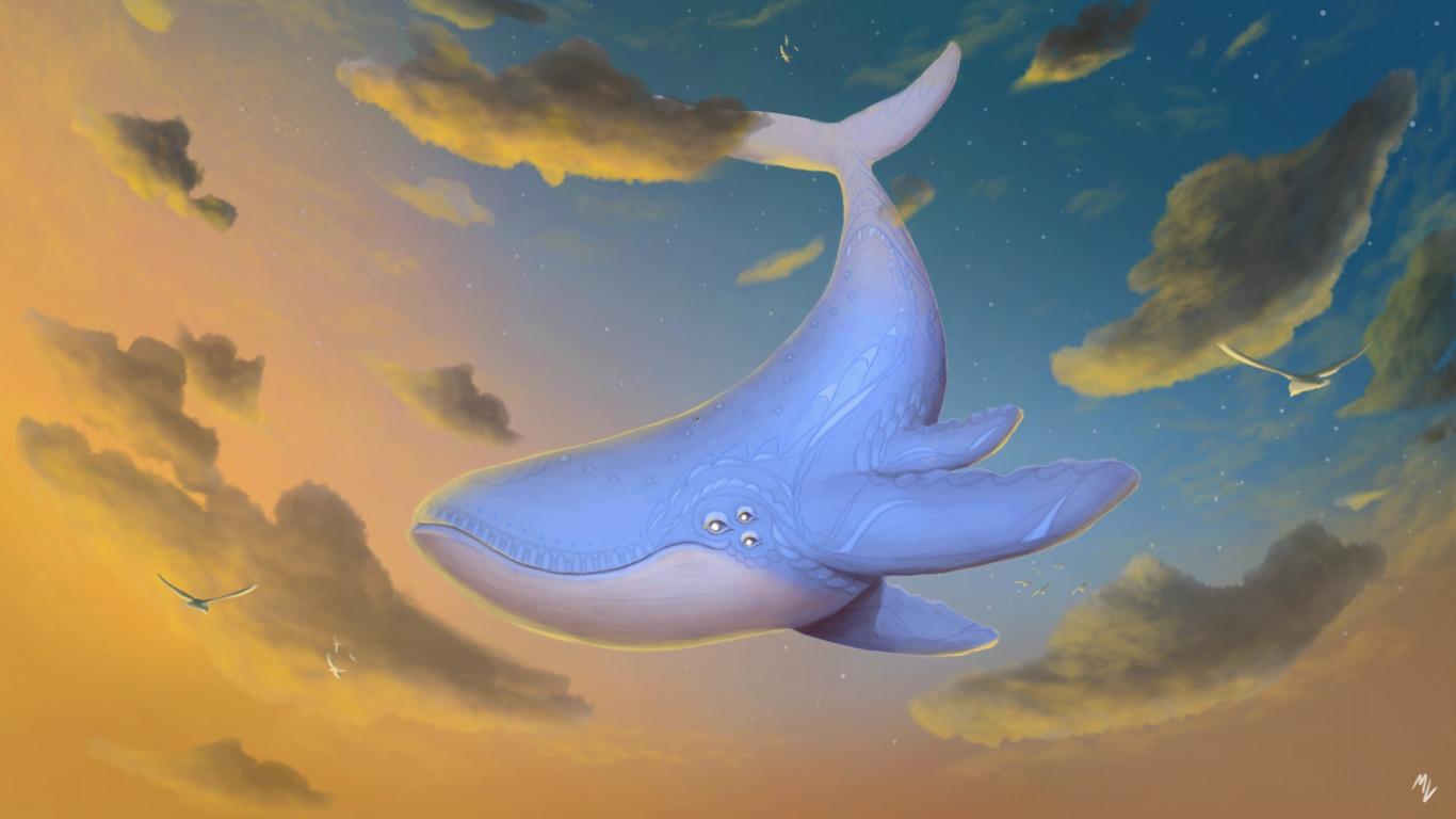 1366x768 Download wallpaper clouds, art, kit, Flying Whale, Mattia Lari, section fantasy in resolution 1366x768