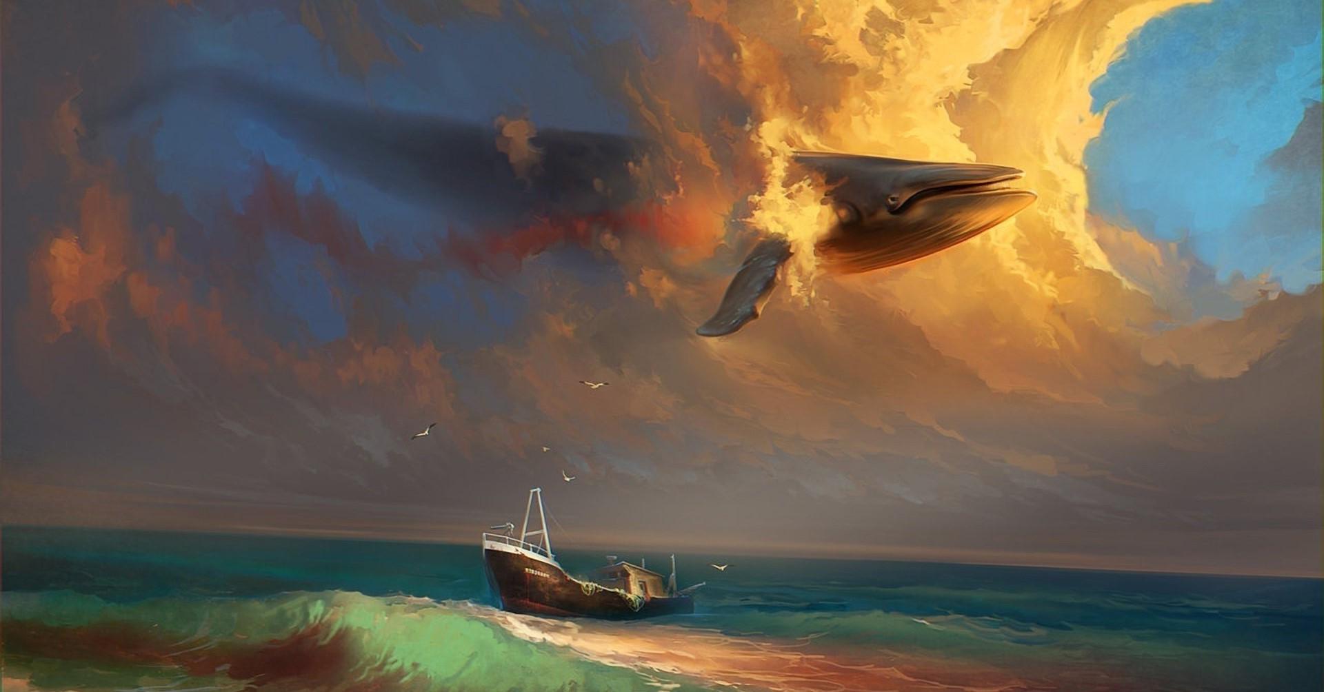 1920x1004 paintings clouds ships whales seagulls artwork whale sea wallpaper