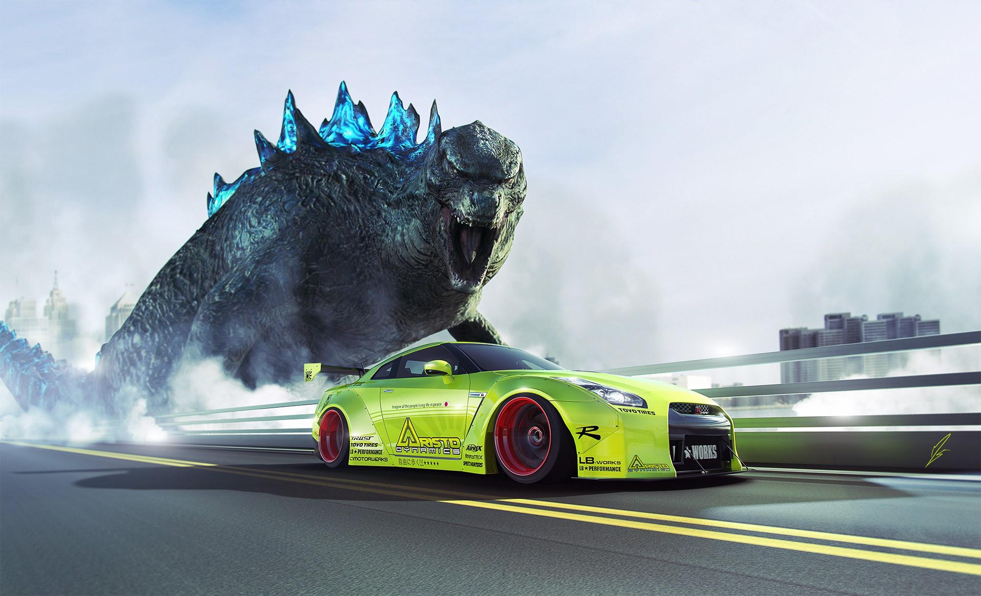 2000x1216 GTR R35 Liberty Godzilla, Nissan, Dinosaurs, Tuning, Yellow green, Side Gallery HD Wallpaper