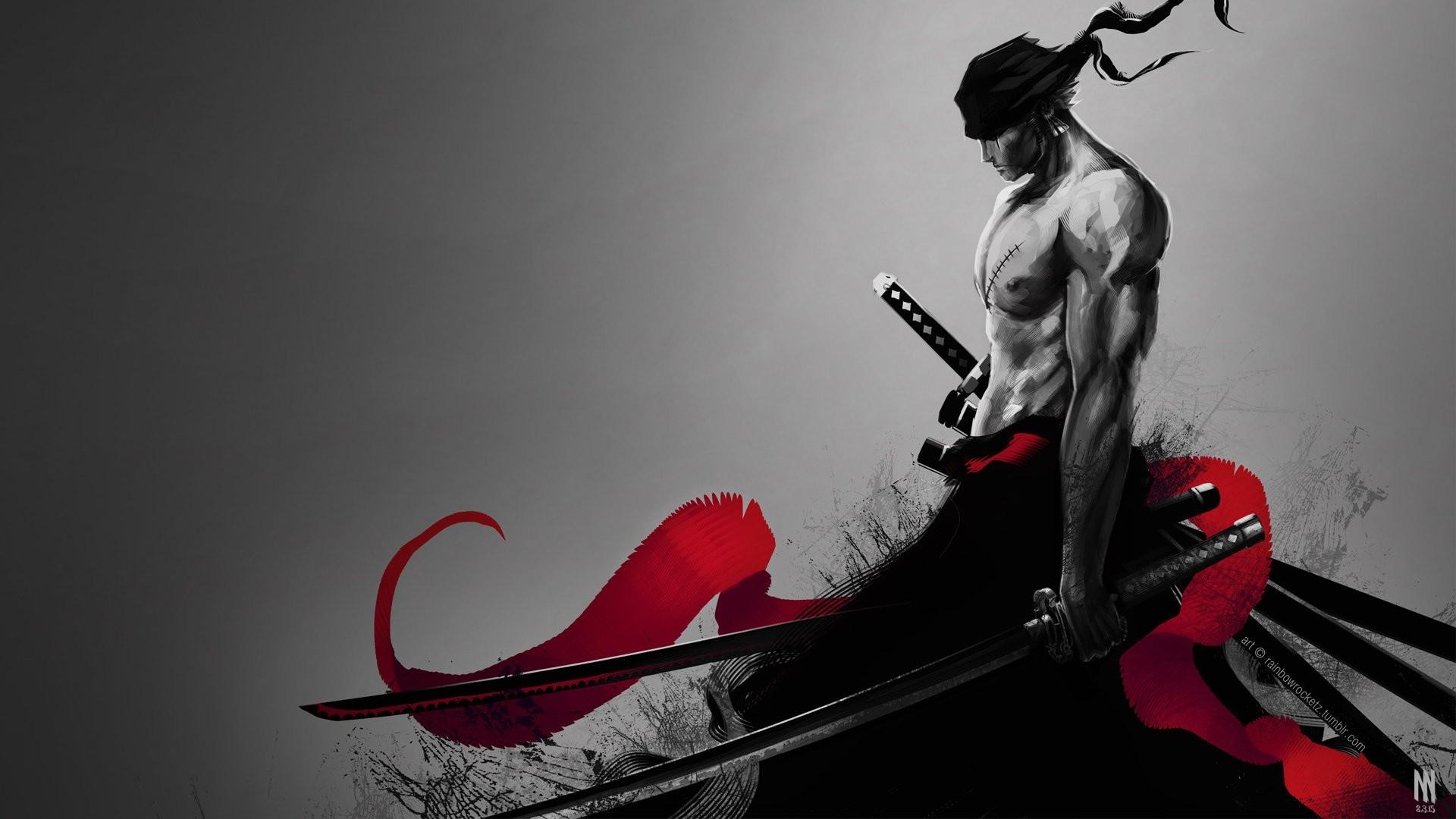 1920x1080 black, illustration, red, selective coloring, katana, fan art, One Piece, Roronoa Zoro, computer wallpaper, album cover Gallery HD Wallpaper