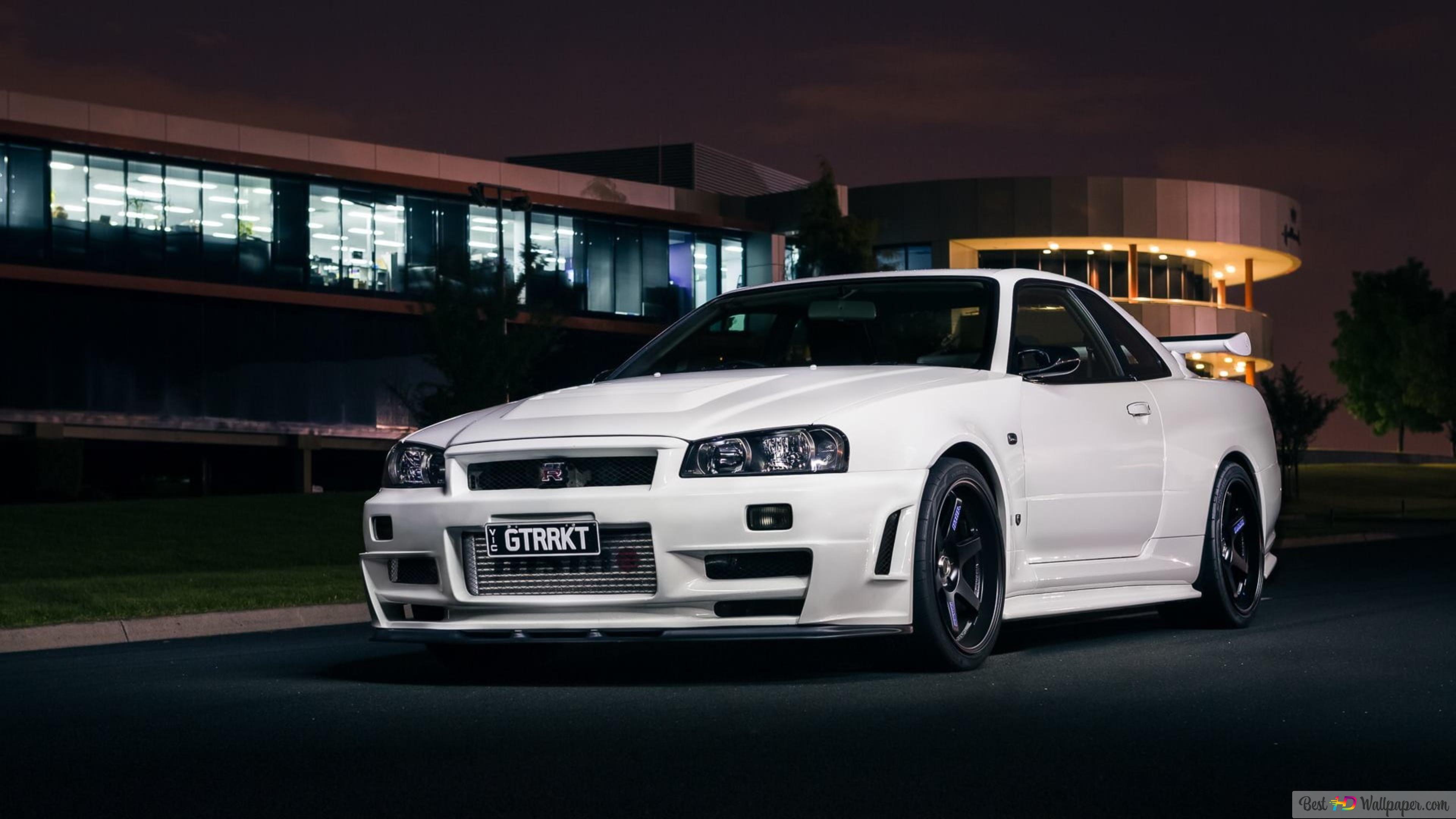 3840x2160 White Nissan Skyline Gt R R34 At Night 4K Wallpaper Download