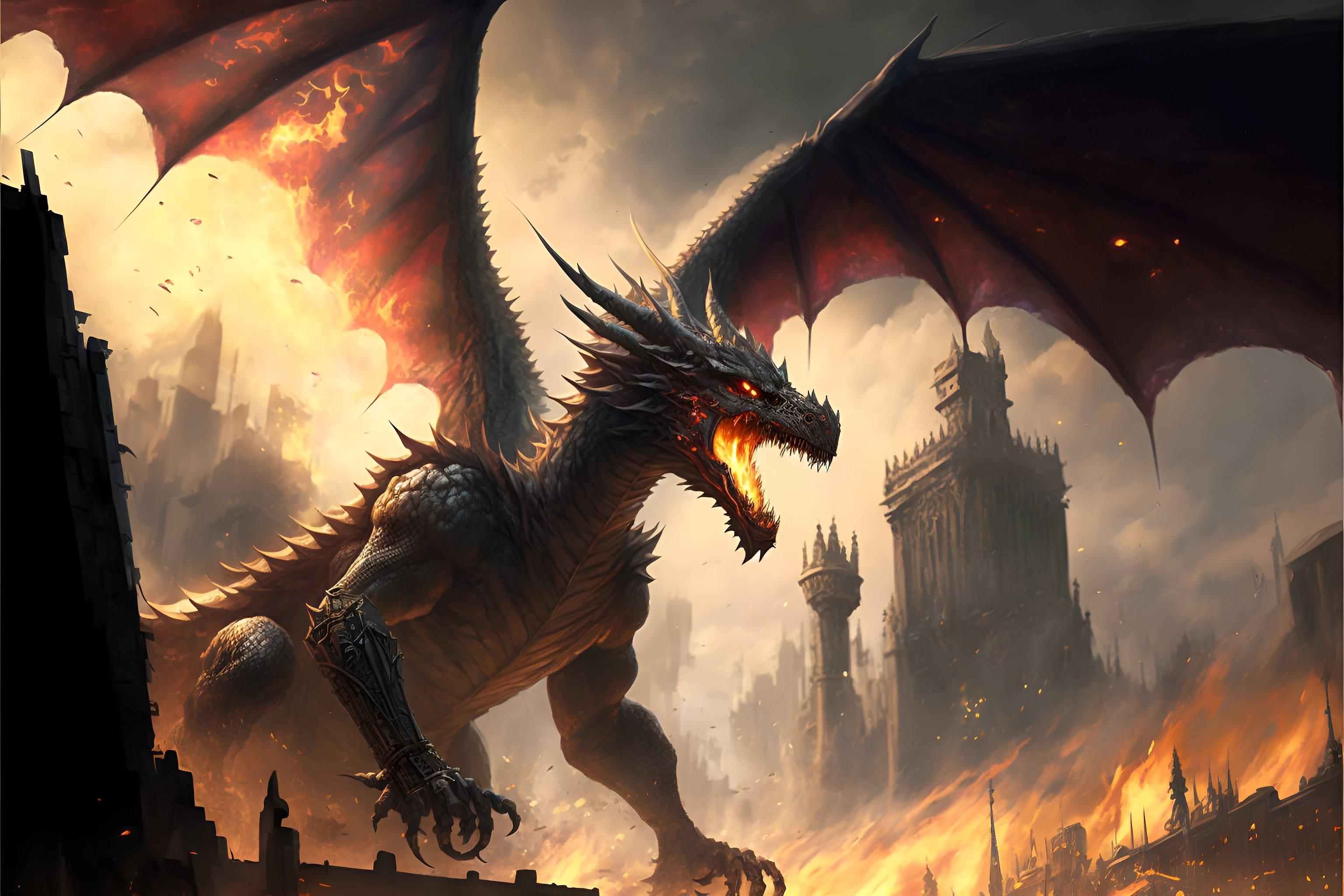 3072x2048 Ai Art Digital Art Medieval Dragon Castle Fire Battle Destruction Artwork Creature Fantasy Art Cybor Wallpaper:3072x2048