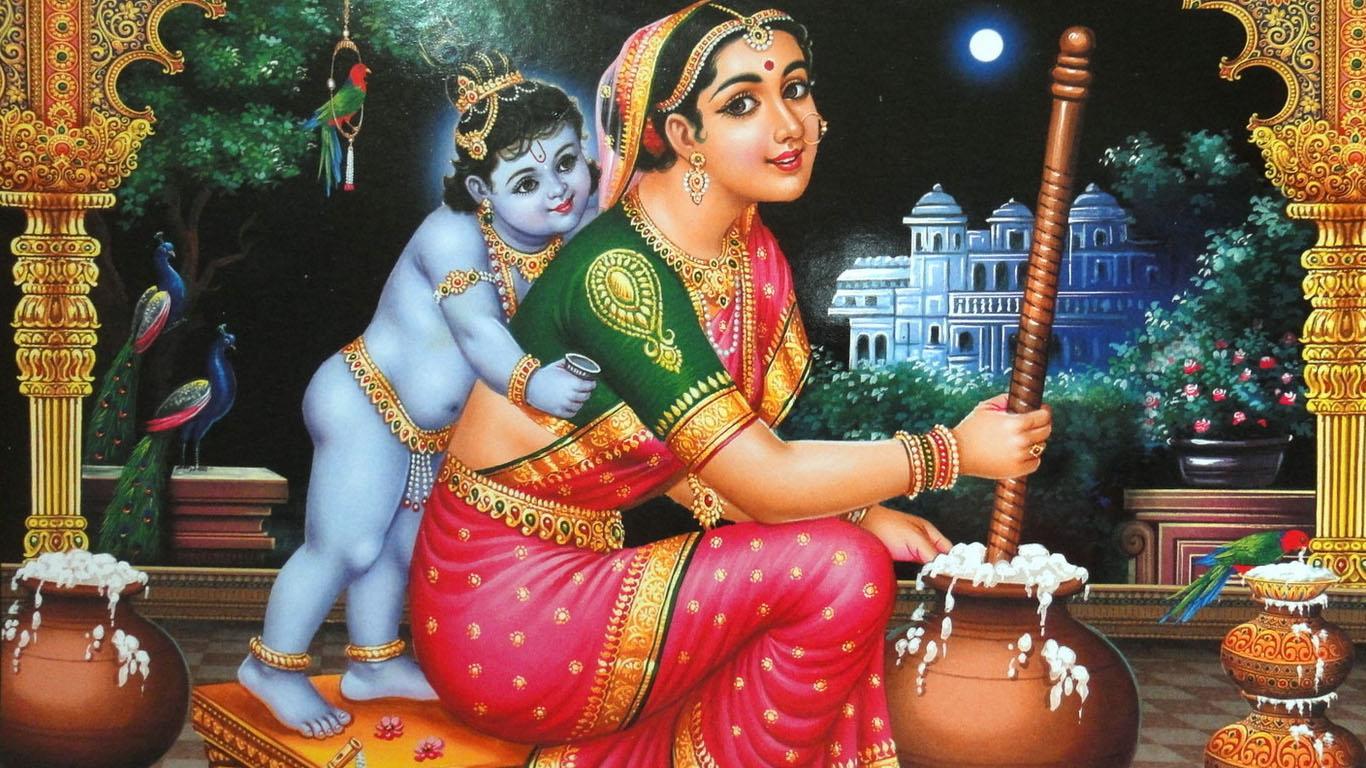 1366x768 Krishna With Yashoda Maiyya Image HD Wallpaper