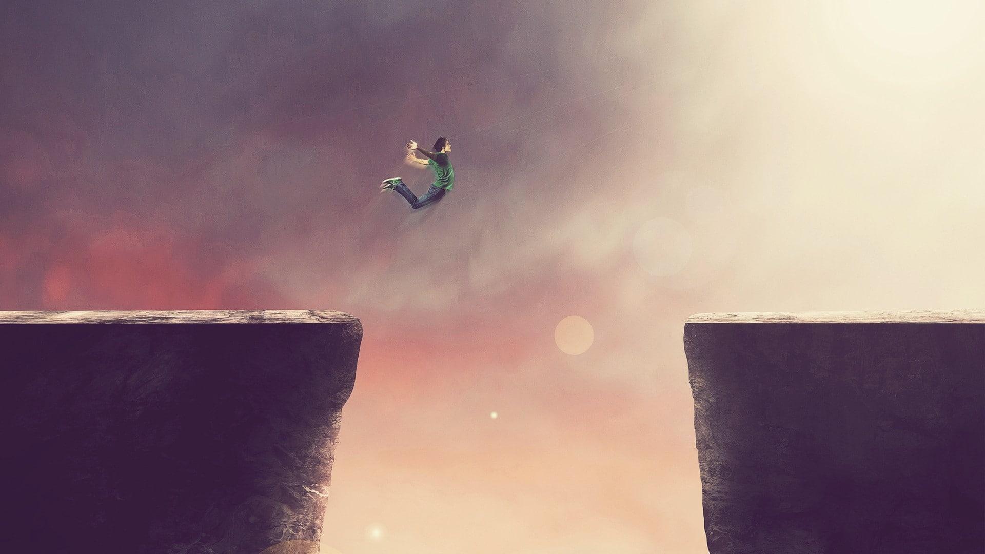 1920x1080 Wallpaper / digital art, men, leap of faith, artwork, jumping, cliff, motion blur, 1080P free download
