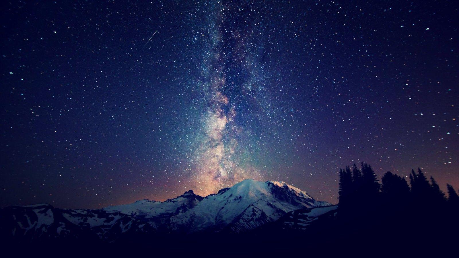 1600x900 mountains, landscapes, nature, outer space, trees, night, stars