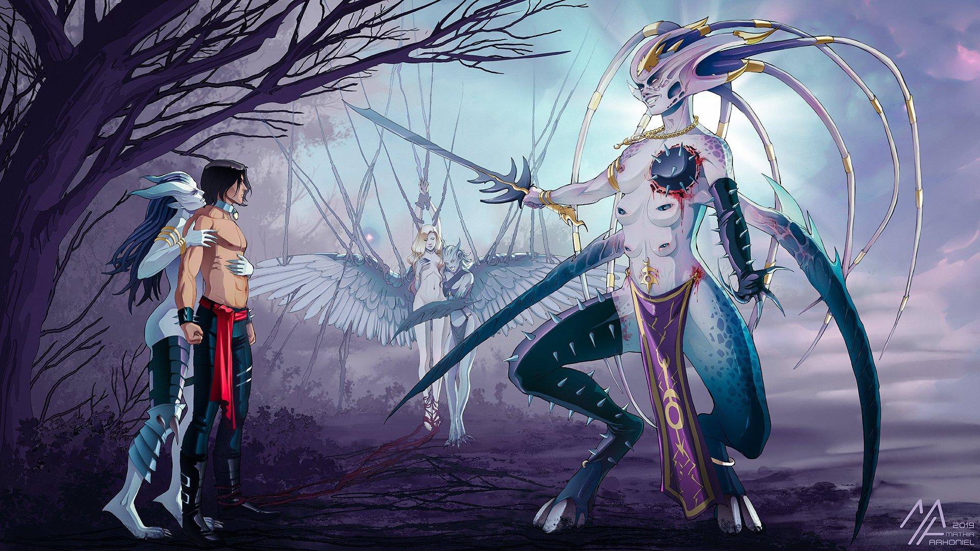 1920x1080 Mathia Arkoniel - “The Garden of Temptation” Warhammer 40k Daemonettes, Darius, Zayel & Greater Keeper of Secrets Artwork commissioned