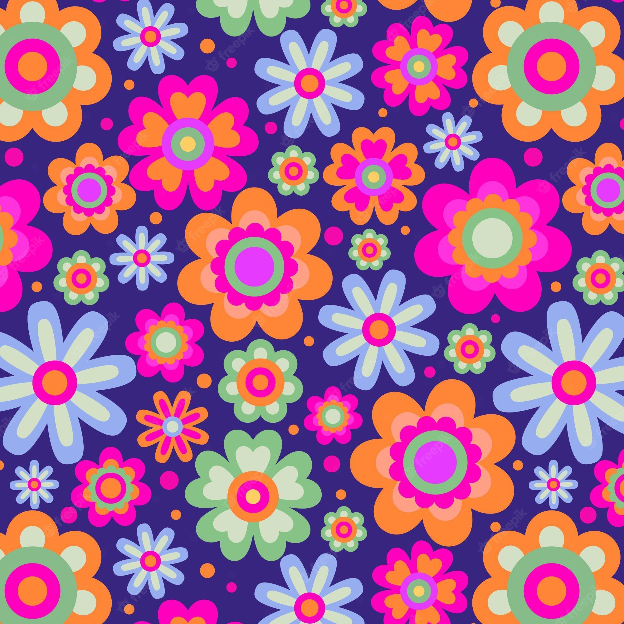 Premium Vector  Seamless pattern with colorful groovy flowers and smiling  faces 70s 80s 90s polka dot background