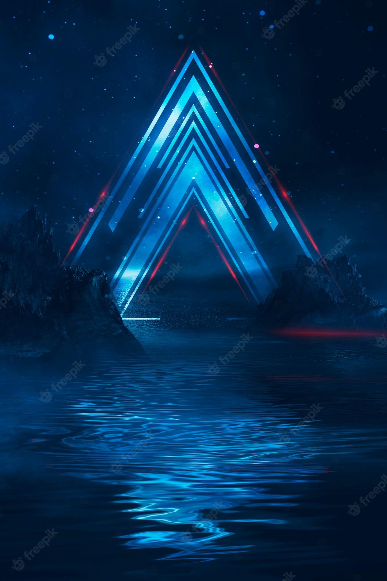 1333x2000 Premium Photo. Futuristic fantasy night landscape with light reflection in water. neon space galaxy portal 3D illustration