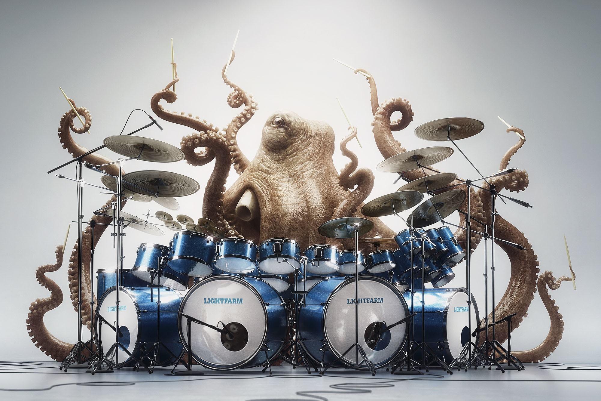 2000x1333 digital art, animals, humor, white background, music, sculpture, octopus, creativity, playing, drums, Drummer, lighting, chandelier Gallery HD Wallpaper