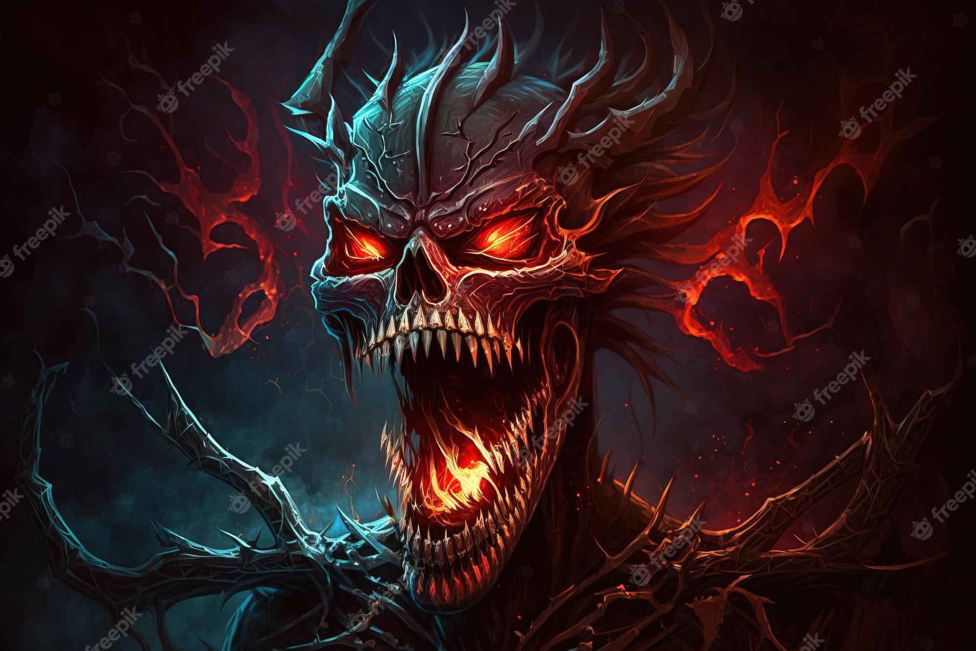 2000x1333 Premium Photo. A monster with a skull and flames on his face