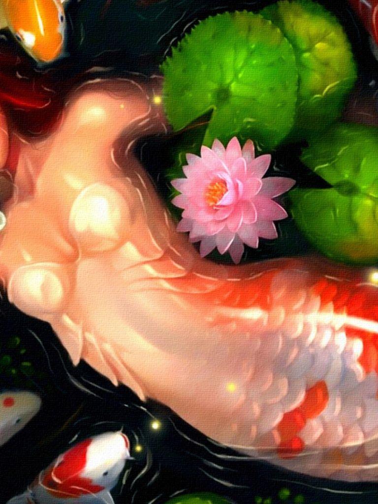 768x1024 Lovely Mermaid Koi Fish Pond iPad mini wallpaper