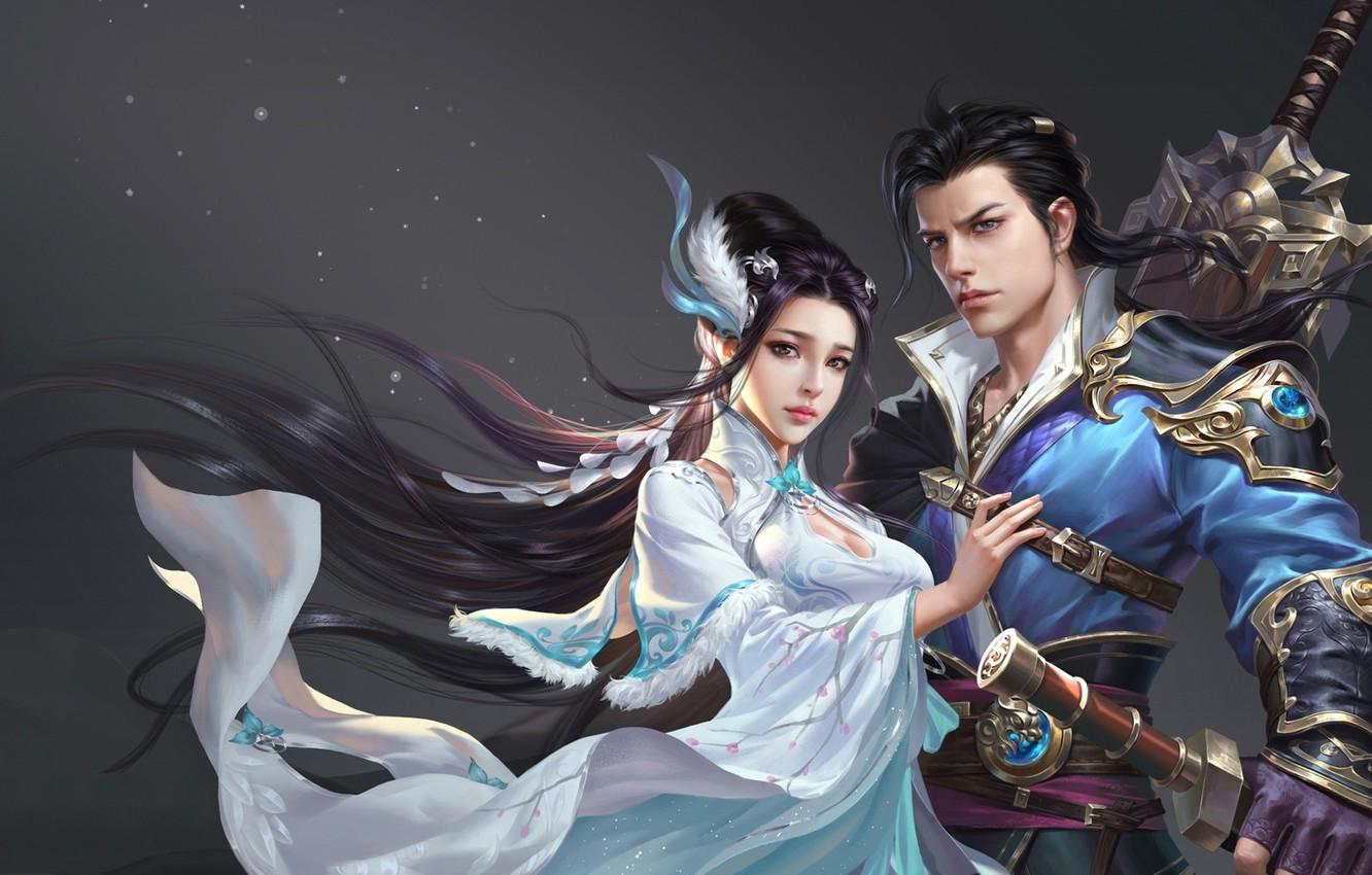 1332x850 Wallpaper girl, warrior, art, pair, guy, fantasy image for desktop, section фантастика