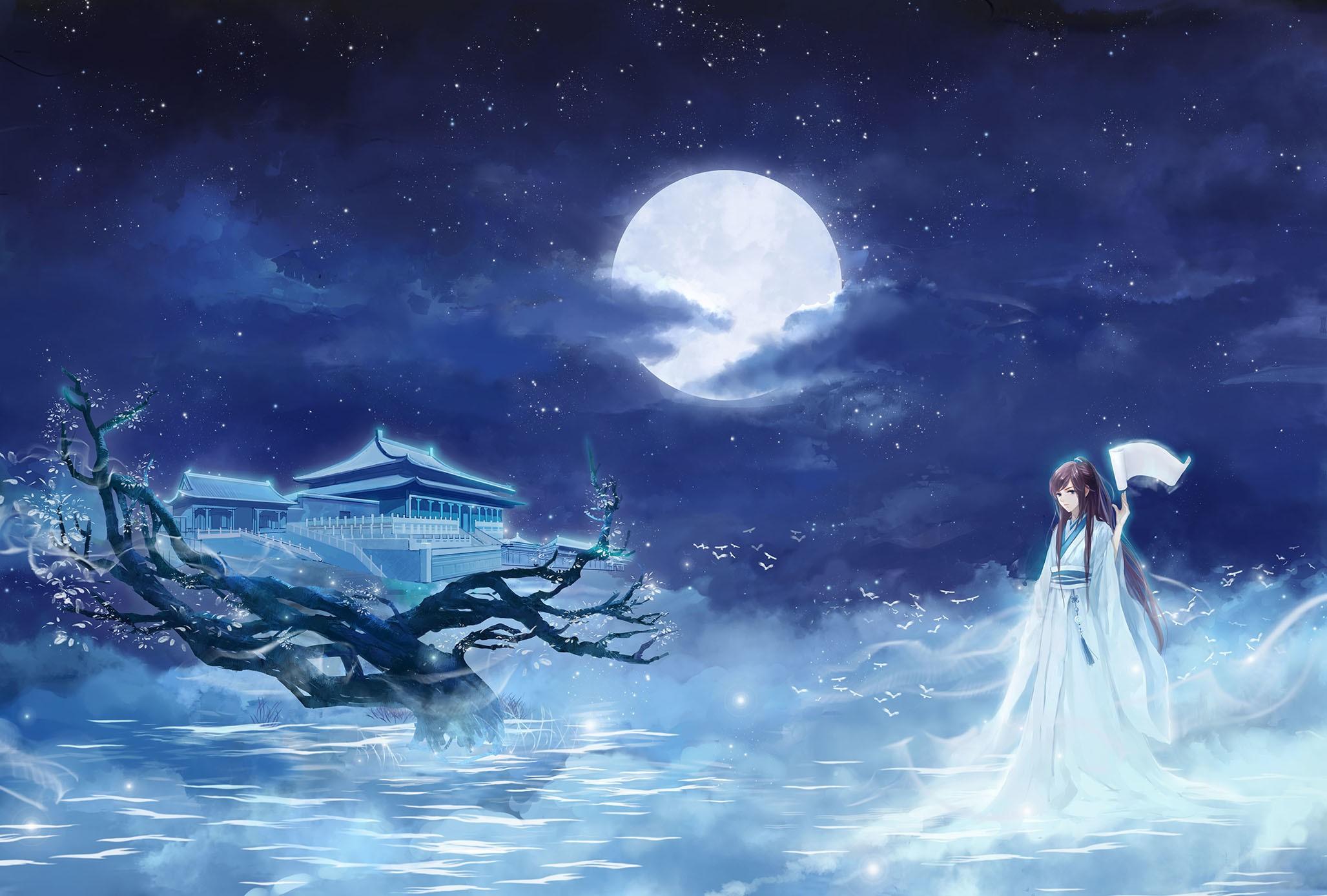 2055x1388 Wallpaper / fantasy art, fantasy girl, night, Moon, anime girls, anime, xianxia, Chinese dress free download