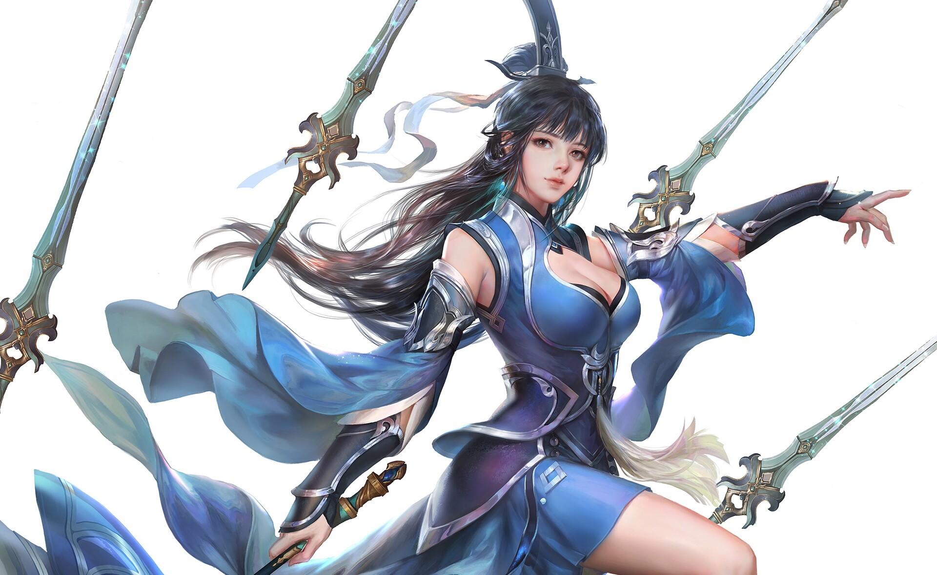 1920x1178 women, long hair, fantasy art, sword, artwork, fantasy girl, dark hair, xianxia Gallery HD Wallpaper