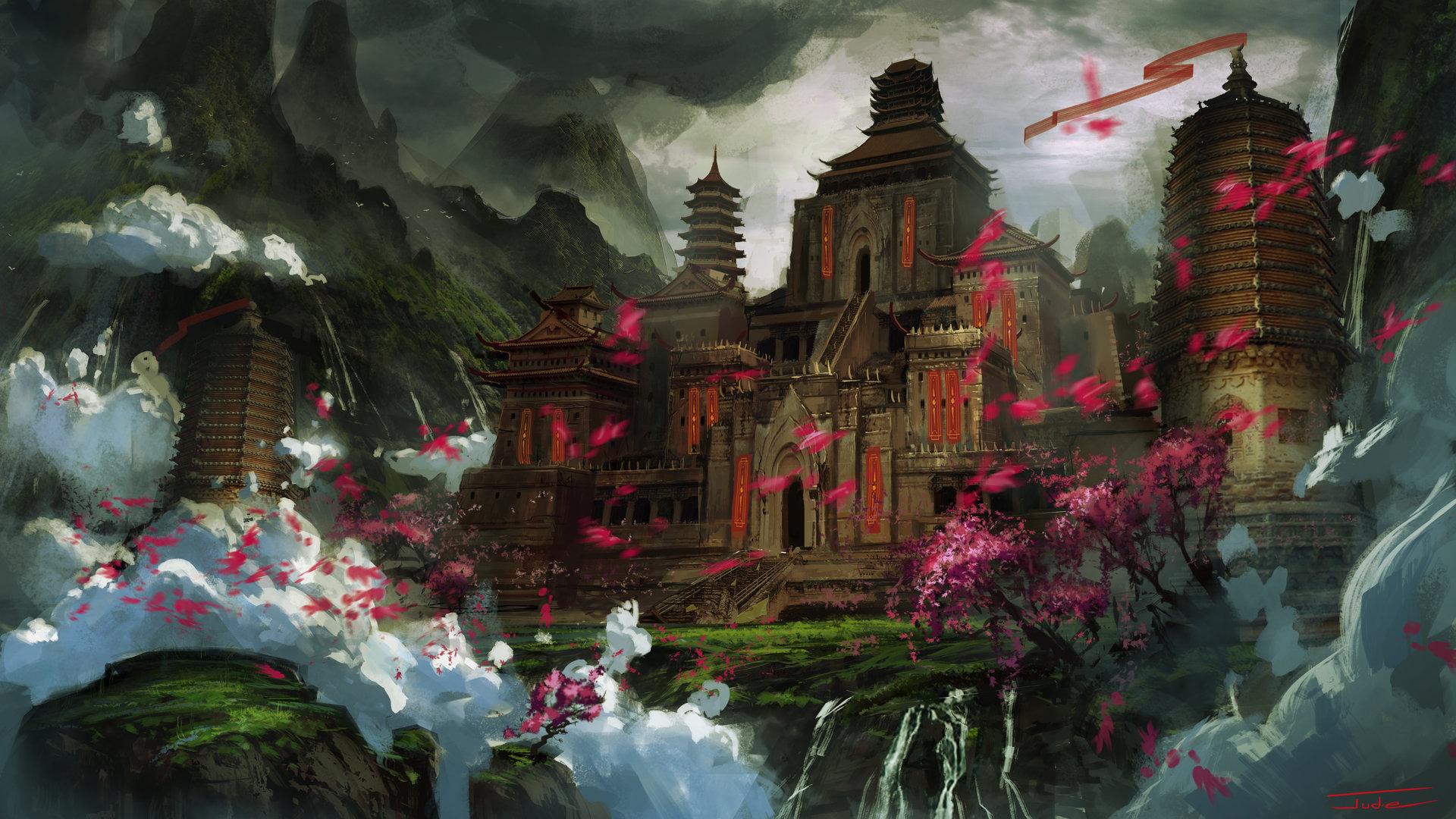 1920x1080 HD desktop wallpaper: Fantasy, Castles, Building, Mountain, Cloud, Petal, Oriental, Castle download free picture