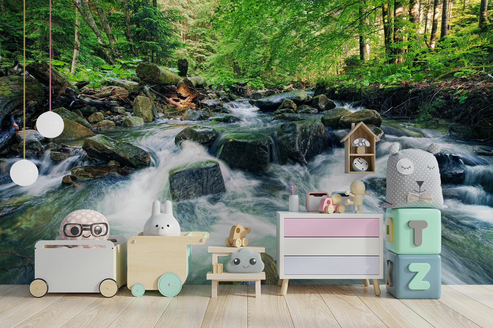1600x1066 3D Sunshine Green Forest Running Water Stream Self Adhesive Wallpaper Mural Roll