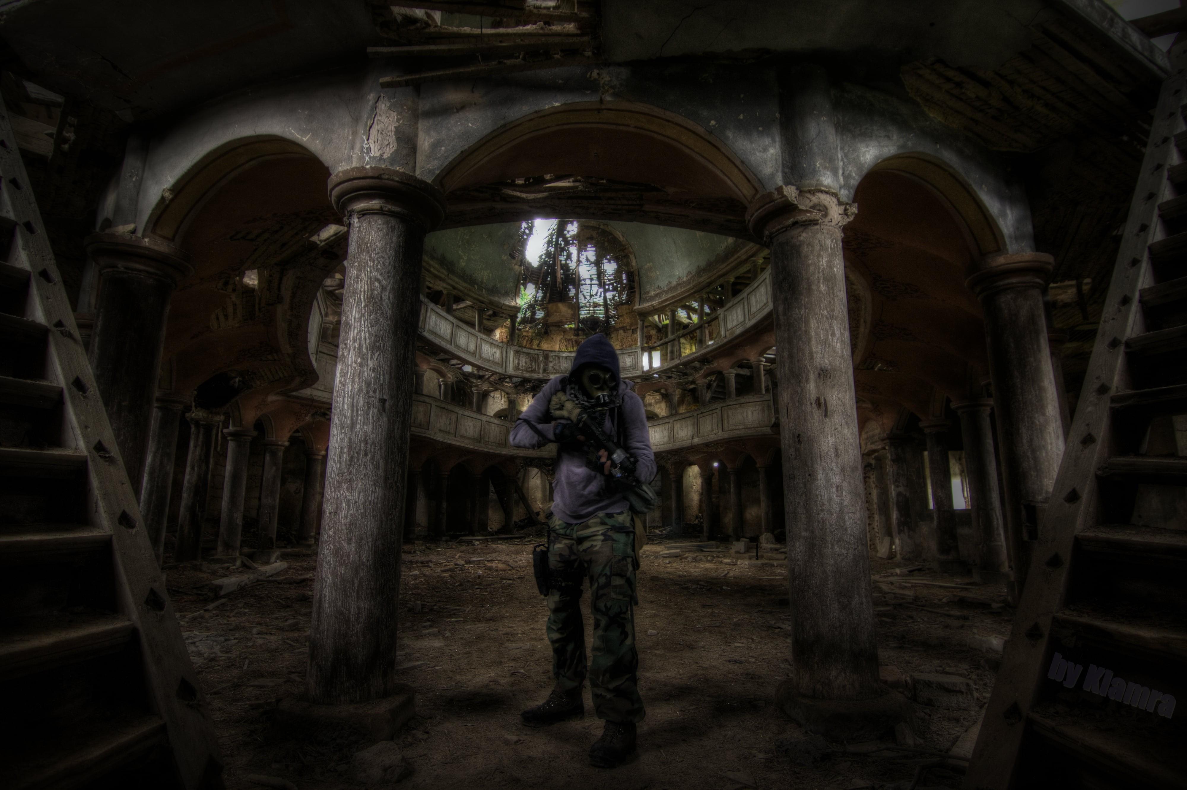 4000x2662 Wallpaper / government, building, Poland, urbex, history, architecture, women, full length, gas masks, real people, front view, one person, standing, arch, day, indoors free download