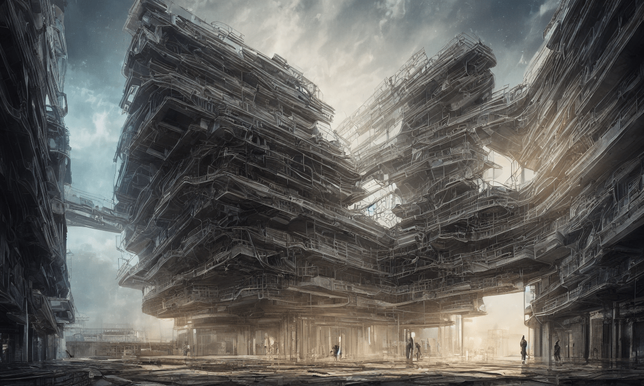 1280x768 prompthunt: a beautiful detailed highly detailed portal architecture unfinished building building industrial architecture urbex by renzo piano, tron otherworldly bladerunner 2 0 4 9 dramatic lightning, archdaily, wallpaper, highly detailed, trending