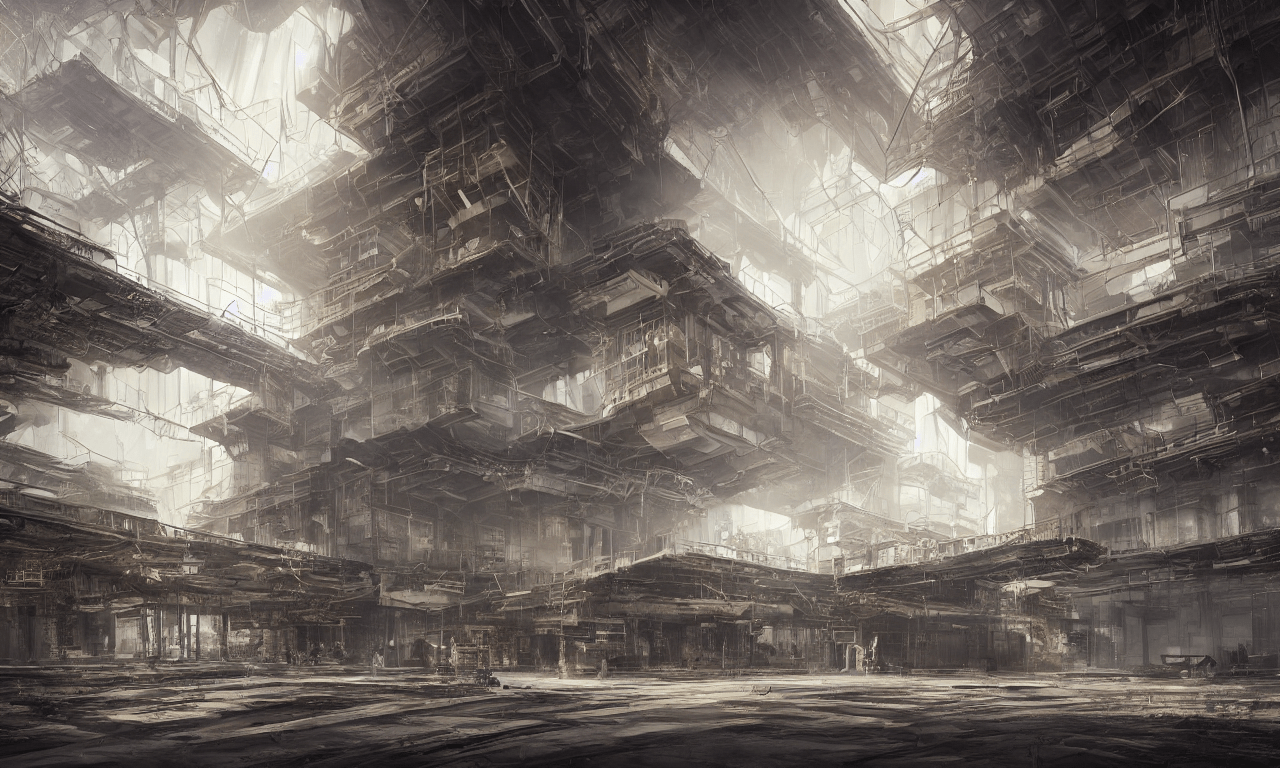1280x768 prompthunt: a beautiful detailed highly detailed portal architecture unfinished building building industrial architecture urbex by renzo piano, tron otherworldly bladerunner 2 0 4 9 dramatic lightning, archdaily, wallpaper, highly detailed, trending