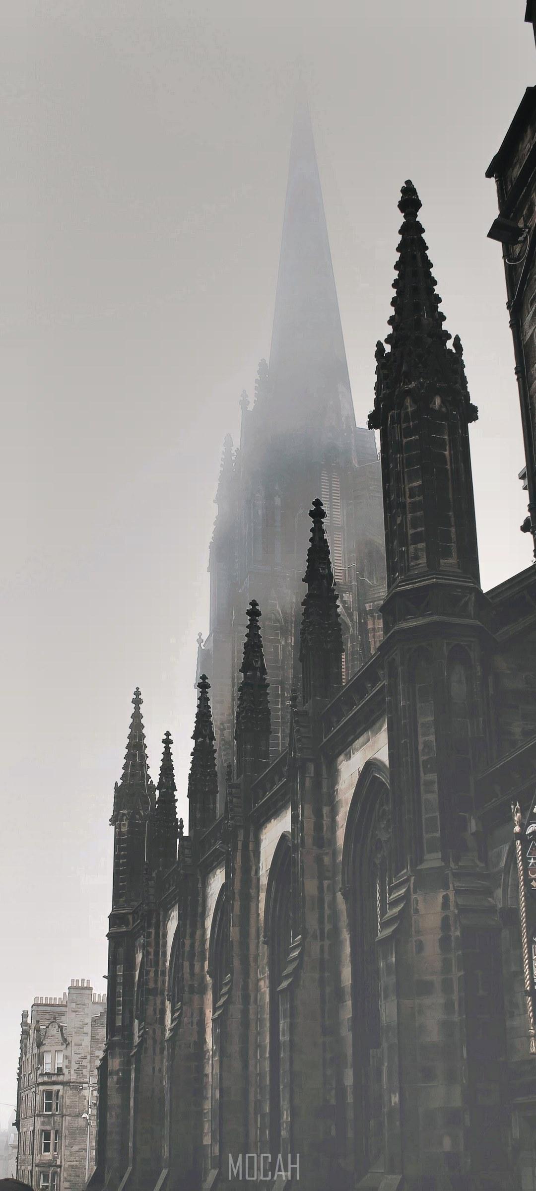 1080x2400 monochromatic gothic cathedrals line the history streets of edinburgh, foggy street in edinburgh, Xiaomi Mi 9 Pro wallpaper full hd, 1080x2340 Gallery HD Wallpaper