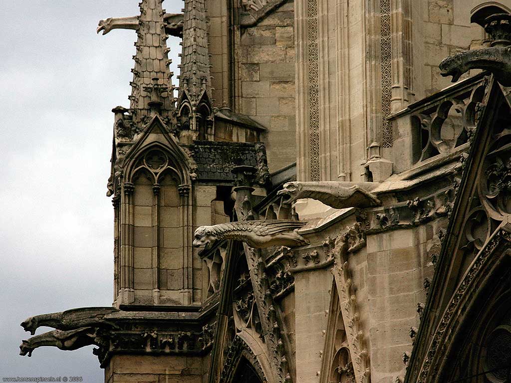 1024x768 Wallpaper: 'Gargoyles on Notre Dame' on Notre Dame, as seen on the south facade. Fine example of gothic architecture., Paris, France. A wallpaper by Mark van Laere. Wallpaper