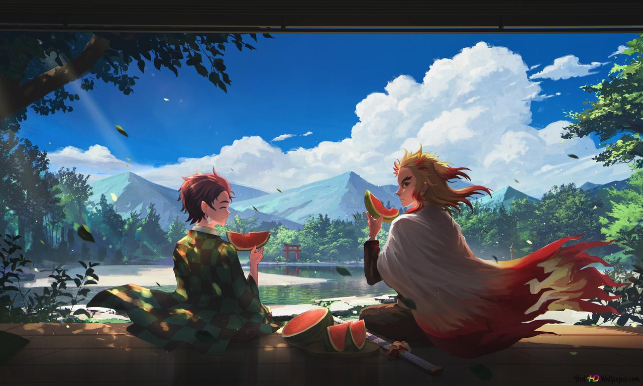 1280x768 Demon slayer: kimetsu no yaiba kyojuro rengoku and tanjiro kamado eating watermelon 4K wallpaper download